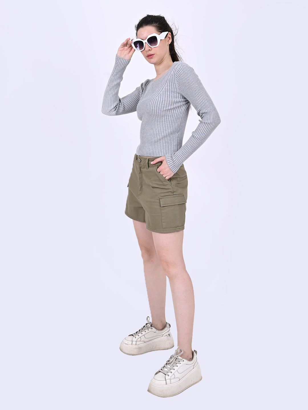 Women Grey Ribbed Top