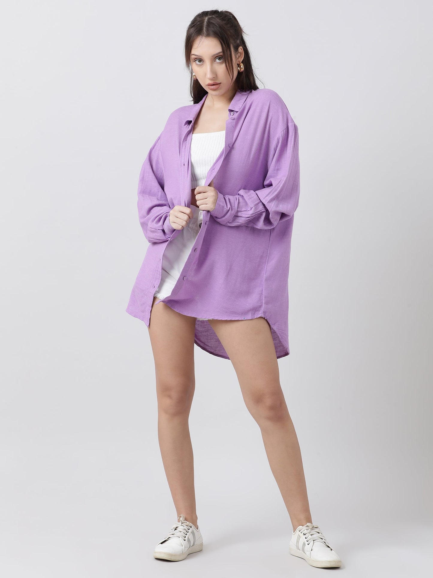 Women Relaxed Fit Violet Drop Shoulder Shirt