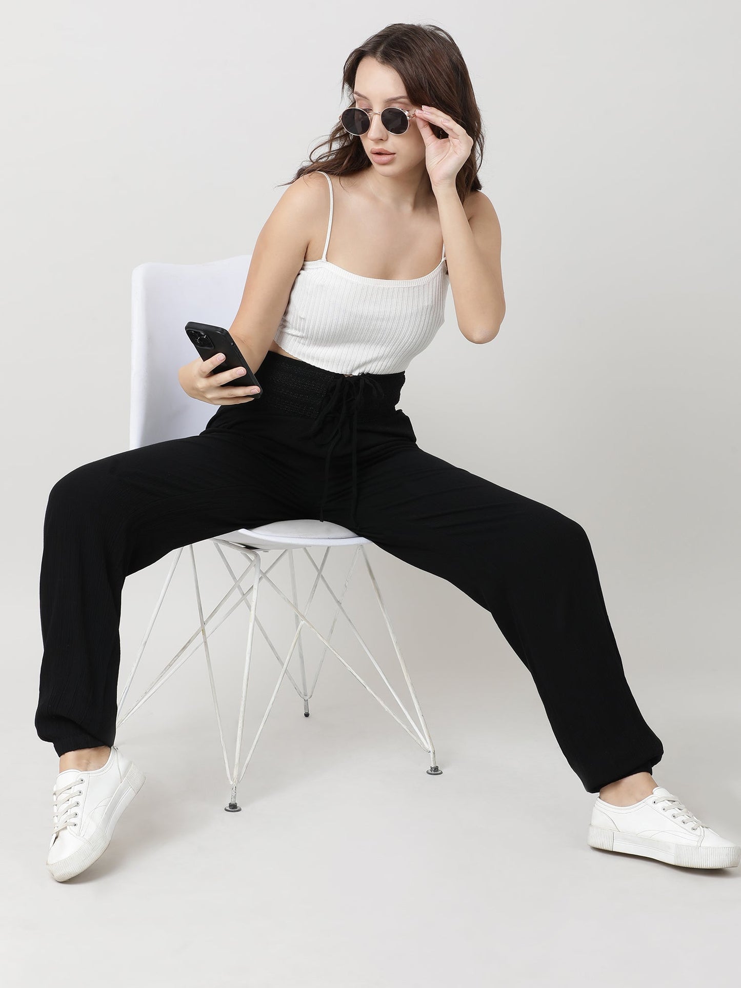 Women Ruched Waist Black Pants