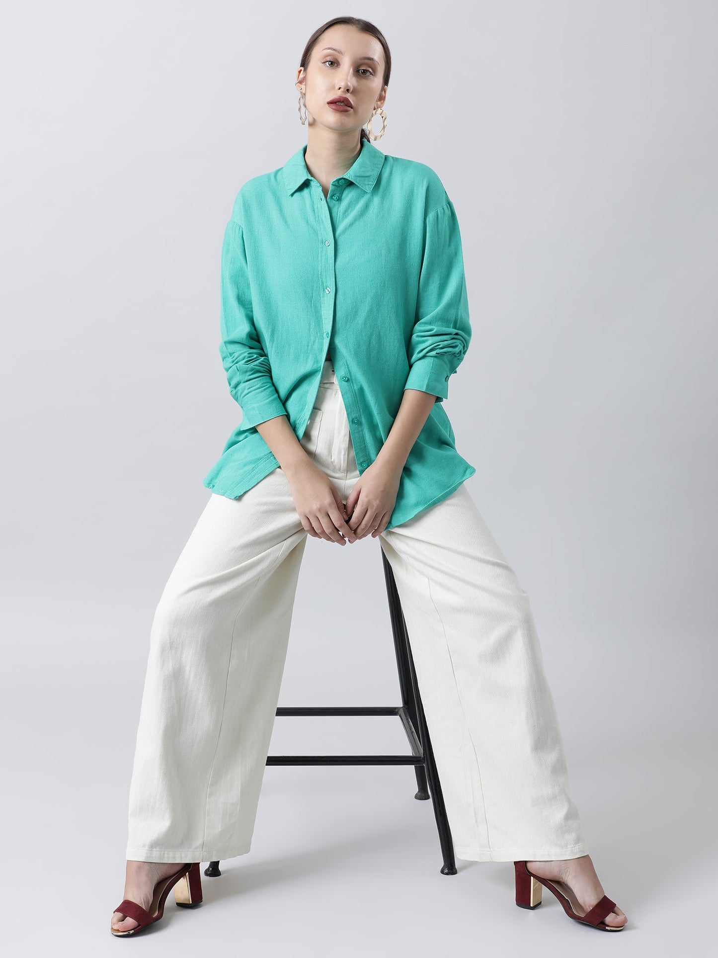 Women Regular Fit Textured Green Shirt