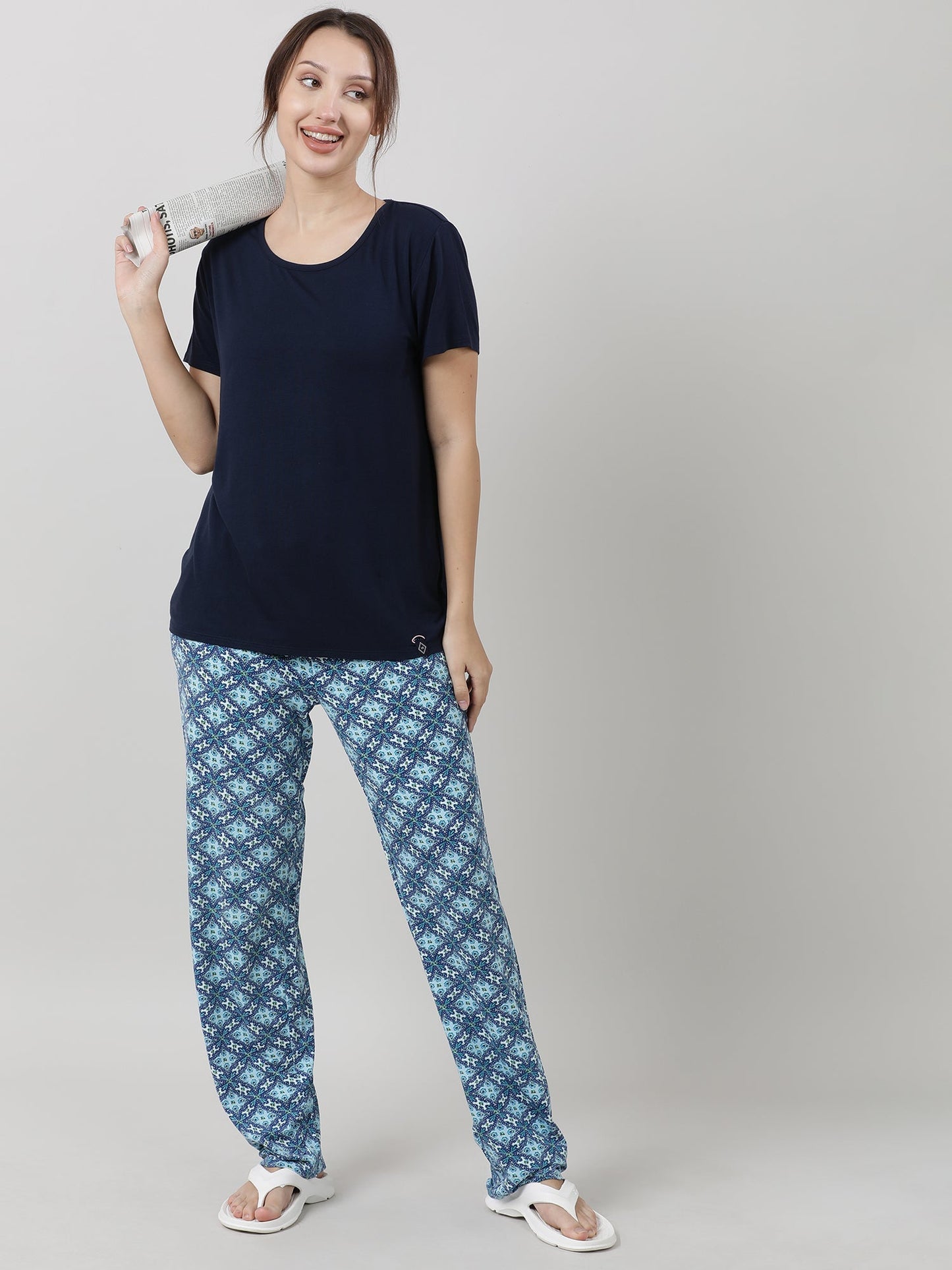 Women Navy Blue Short Sleeves T shirt