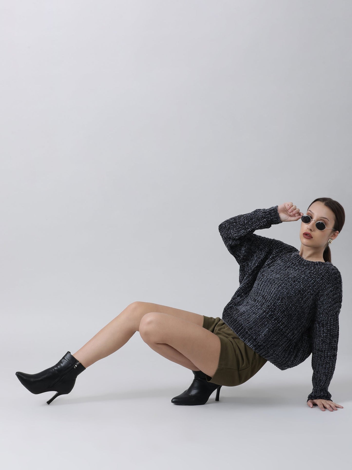 Women Regular Fit Dark Grey Knitted Sweater