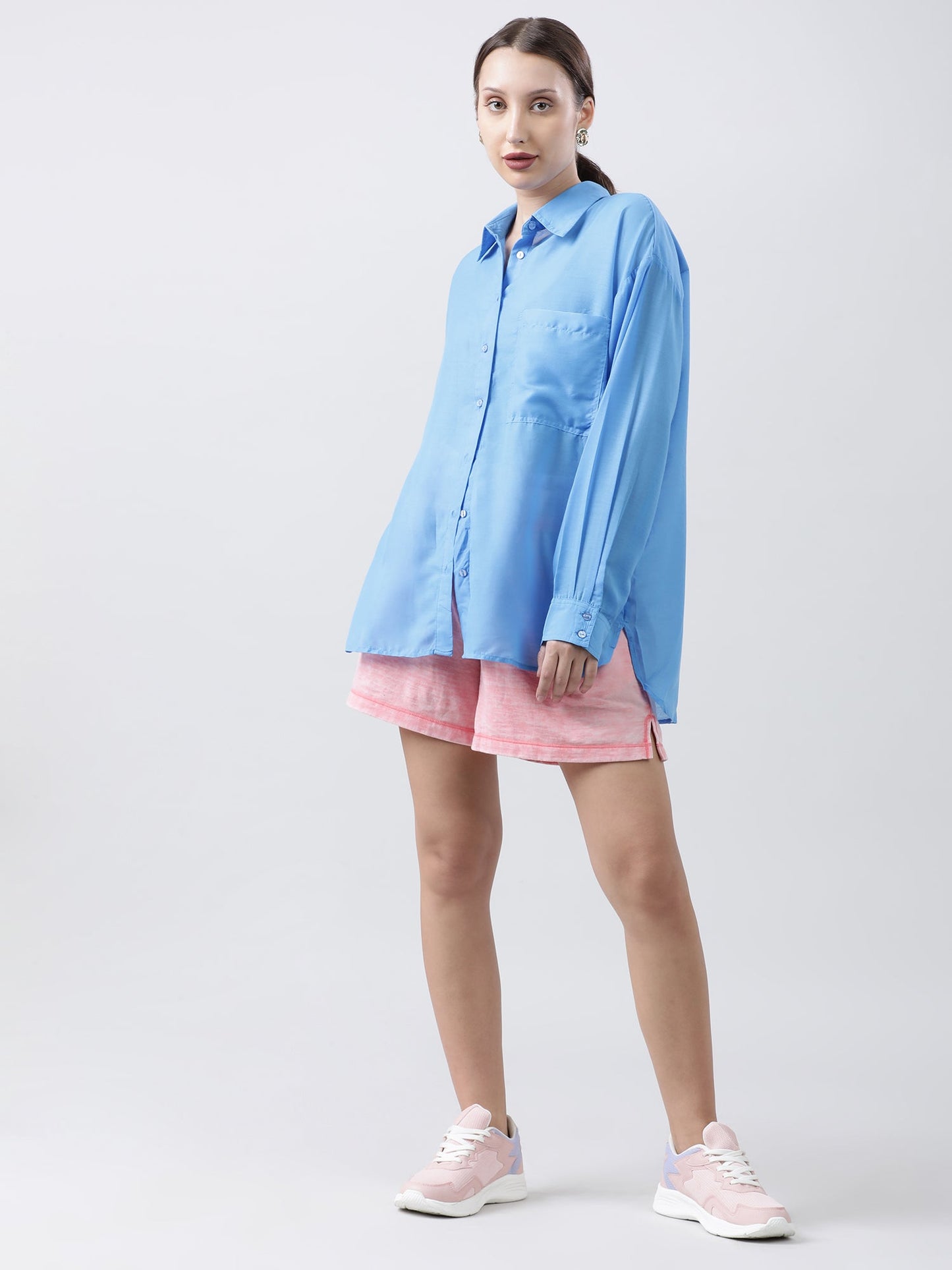 Women Regular Fit Blue Drop Shoulder Shirt With Patch Pocket