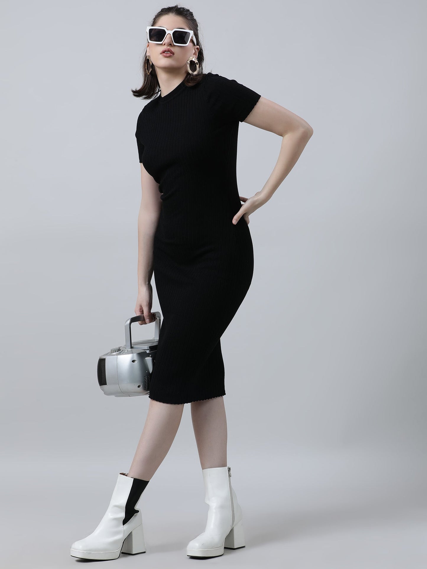 Women Slim Fit Black Bodycon Midi Dress