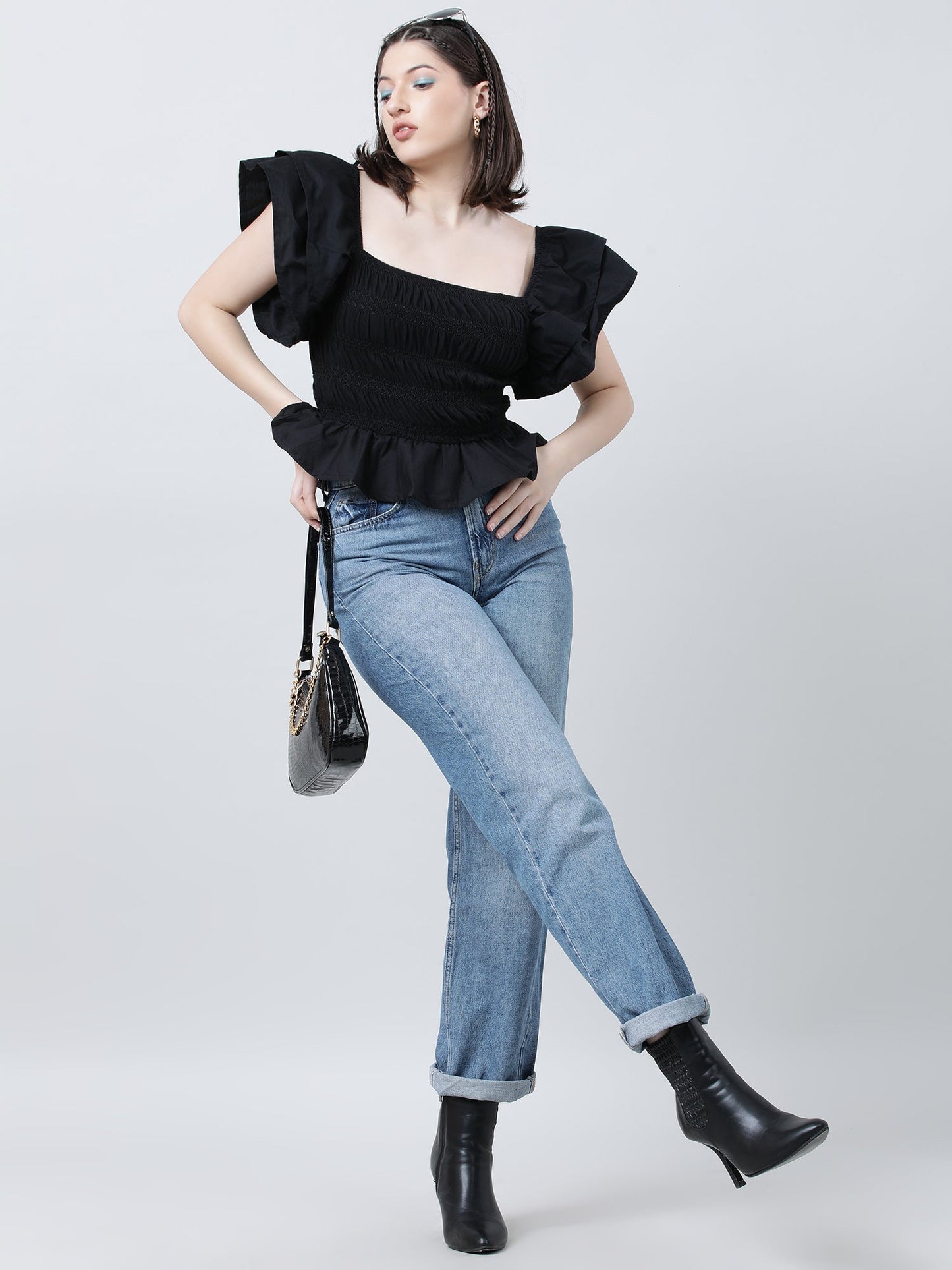 Women Black Striped Square Neck Sleeveless Top