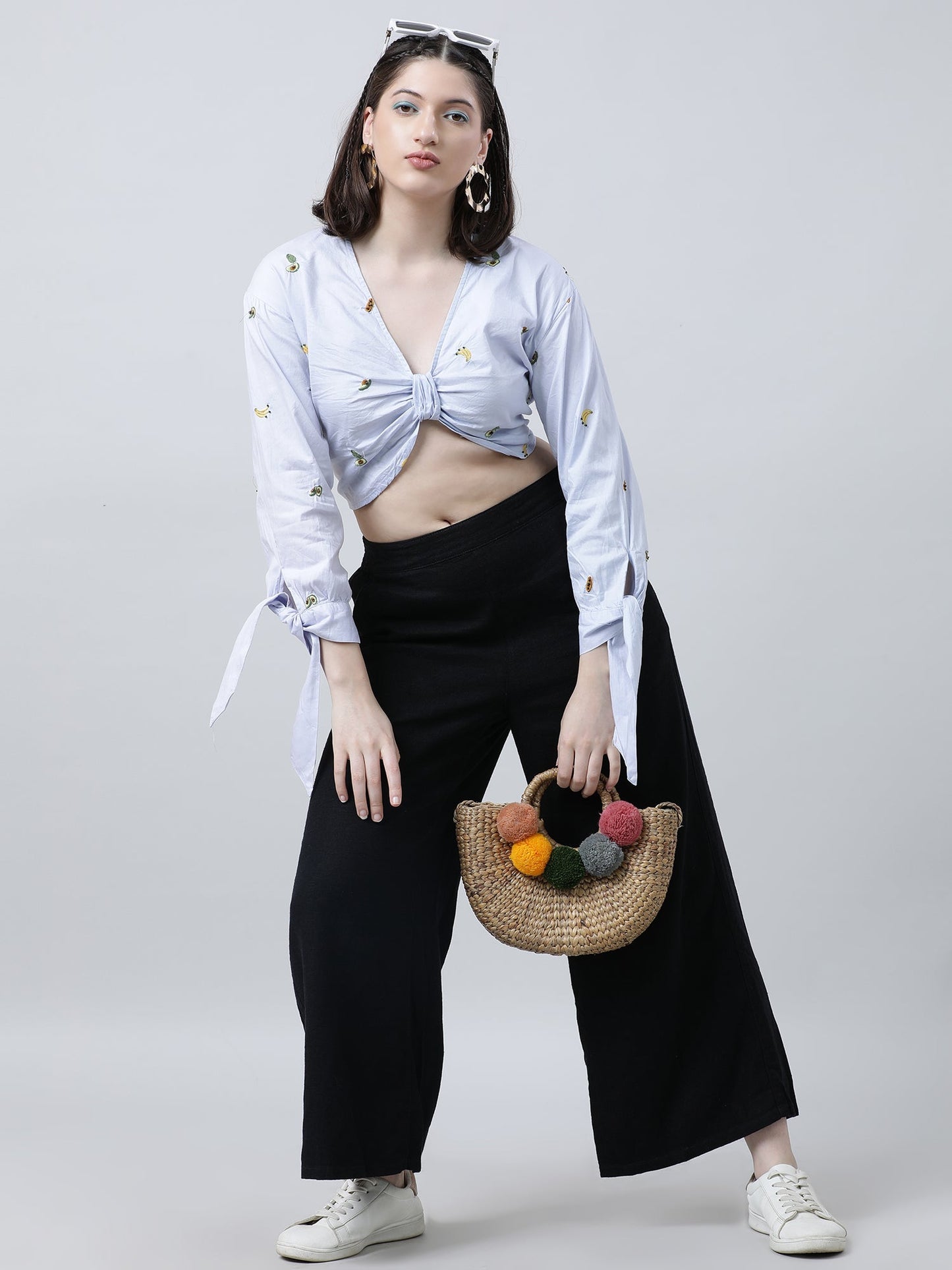 Women Slim Fit Embroidered Light Blue Top