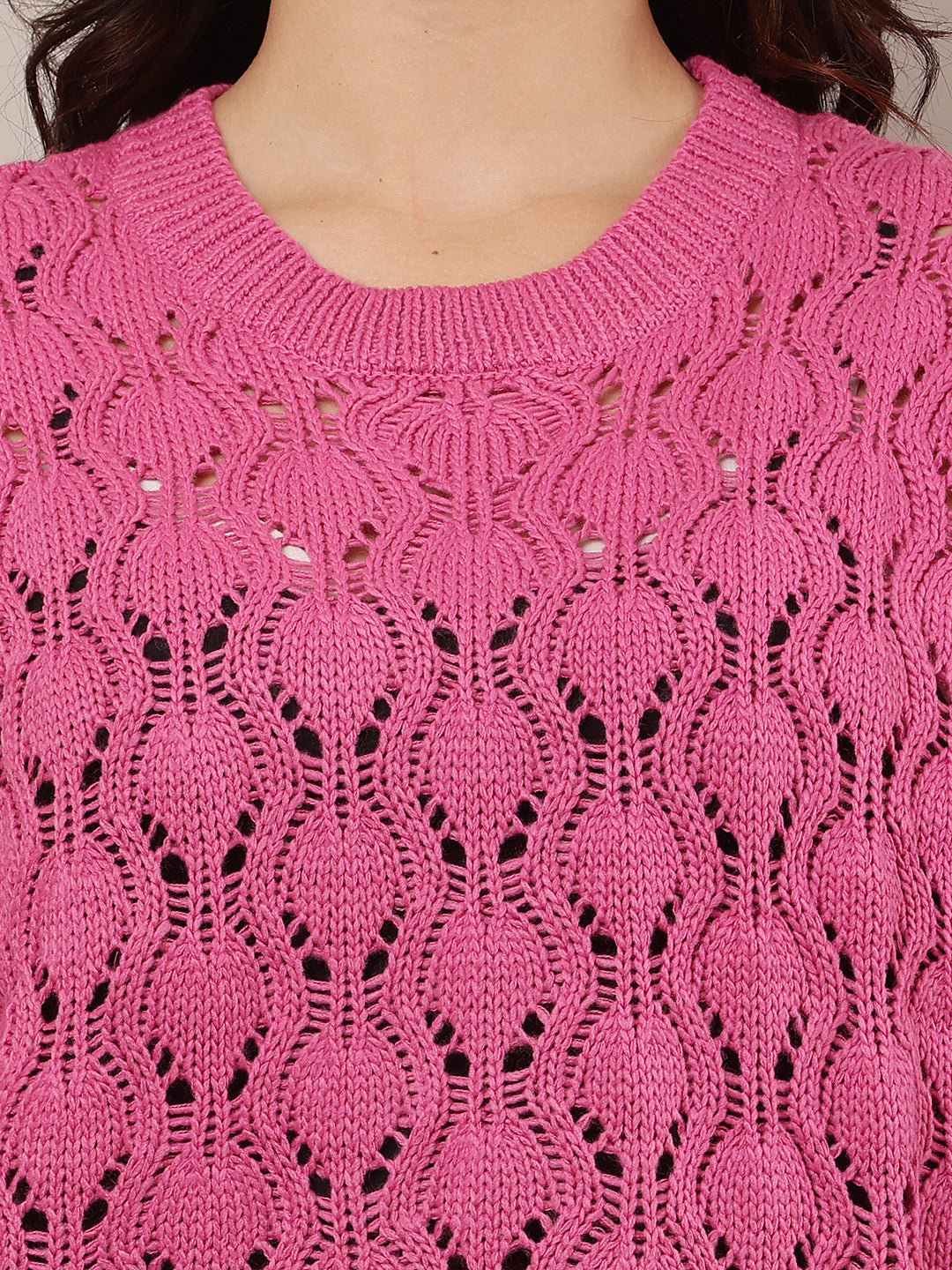 Women Pink Crew Neck Drop Shoulder Crochet Sweater