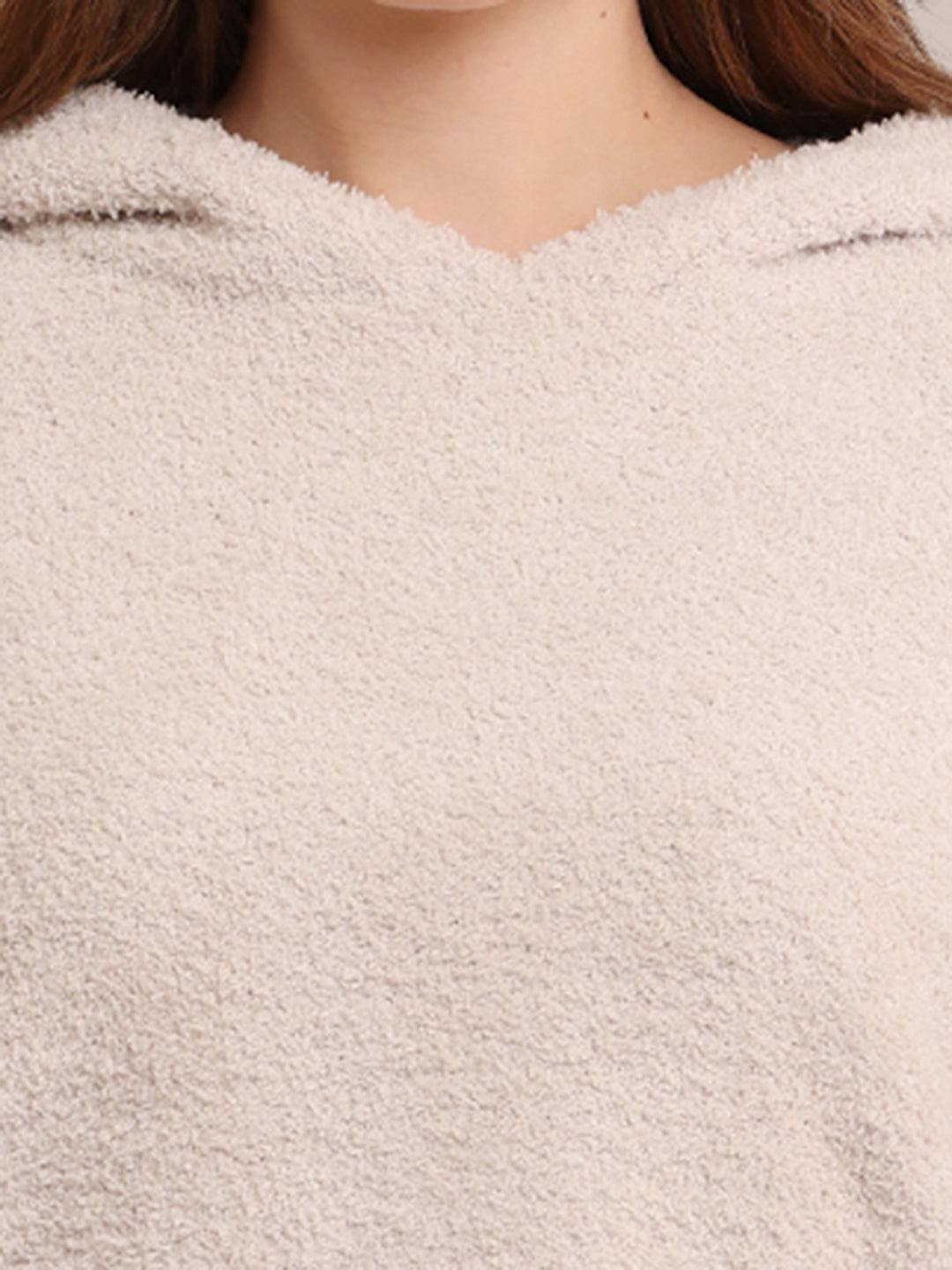 Women Polyester Hooded Furr Grey Sweatshirt