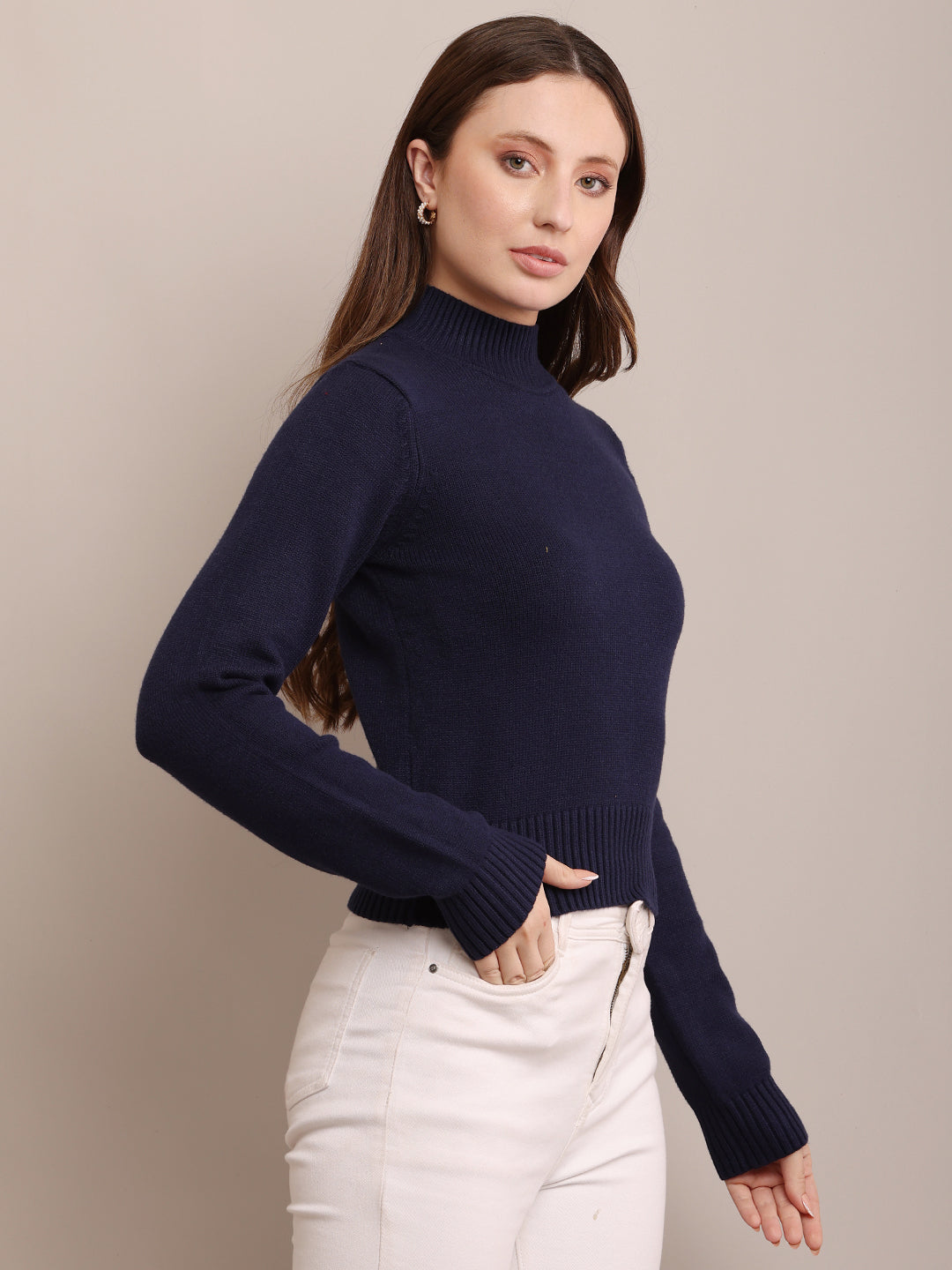 Women Acrylic Ribbed Dark Blue Sweater