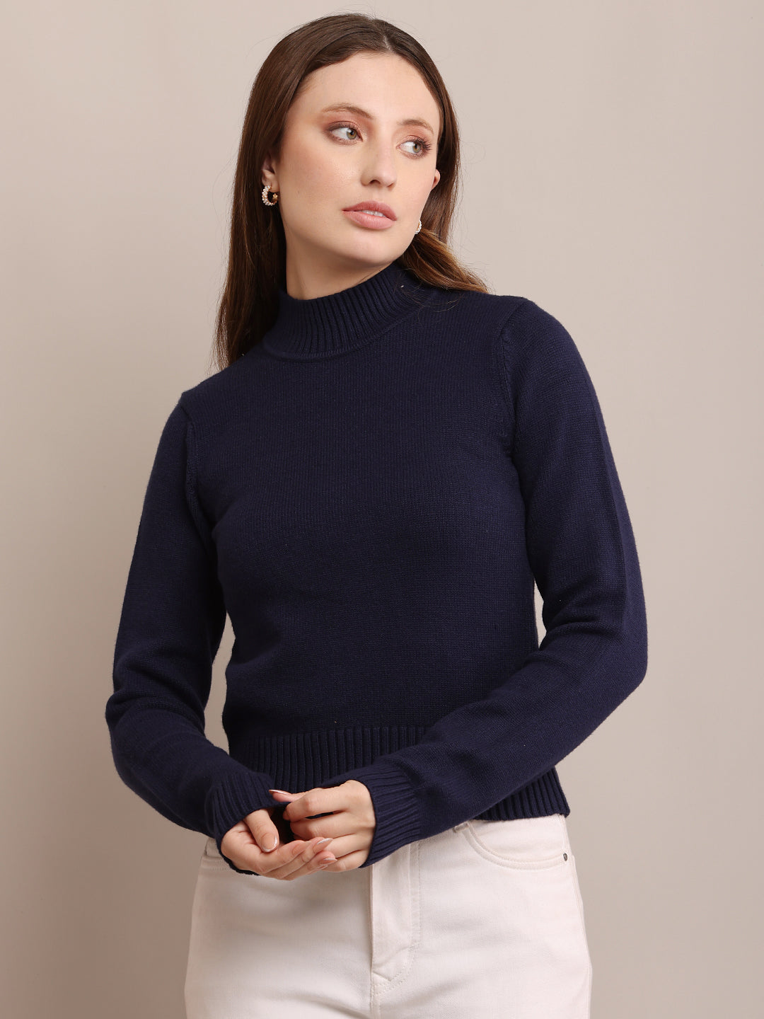 Women Acrylic Ribbed Dark Blue Sweater