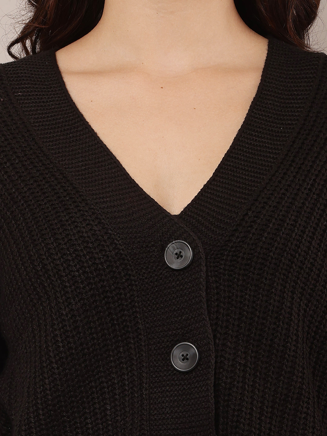 Women Black V-Neck Acrylic Cardigan
