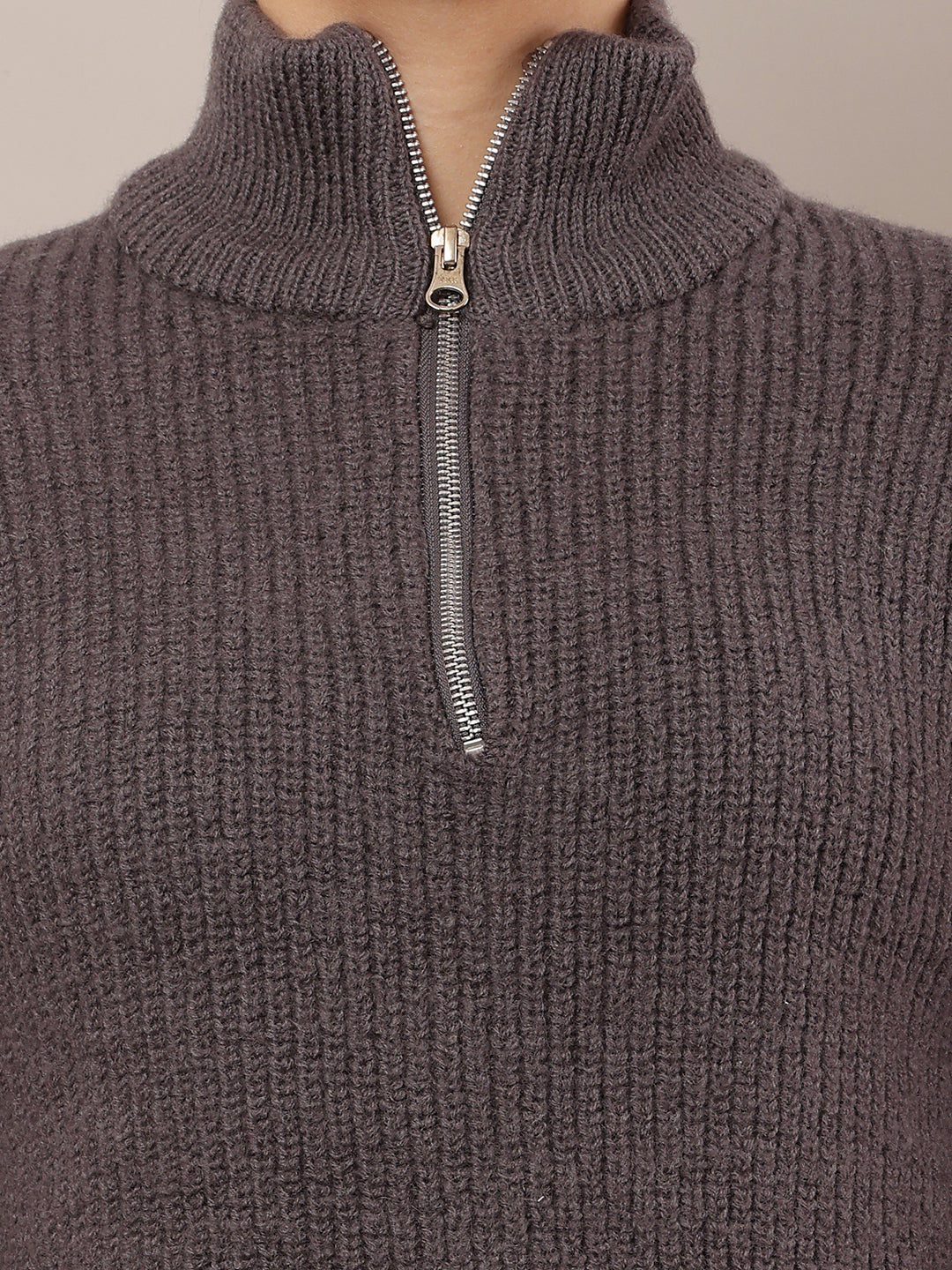 Women Grey High-Neck Zip Wool Sweater