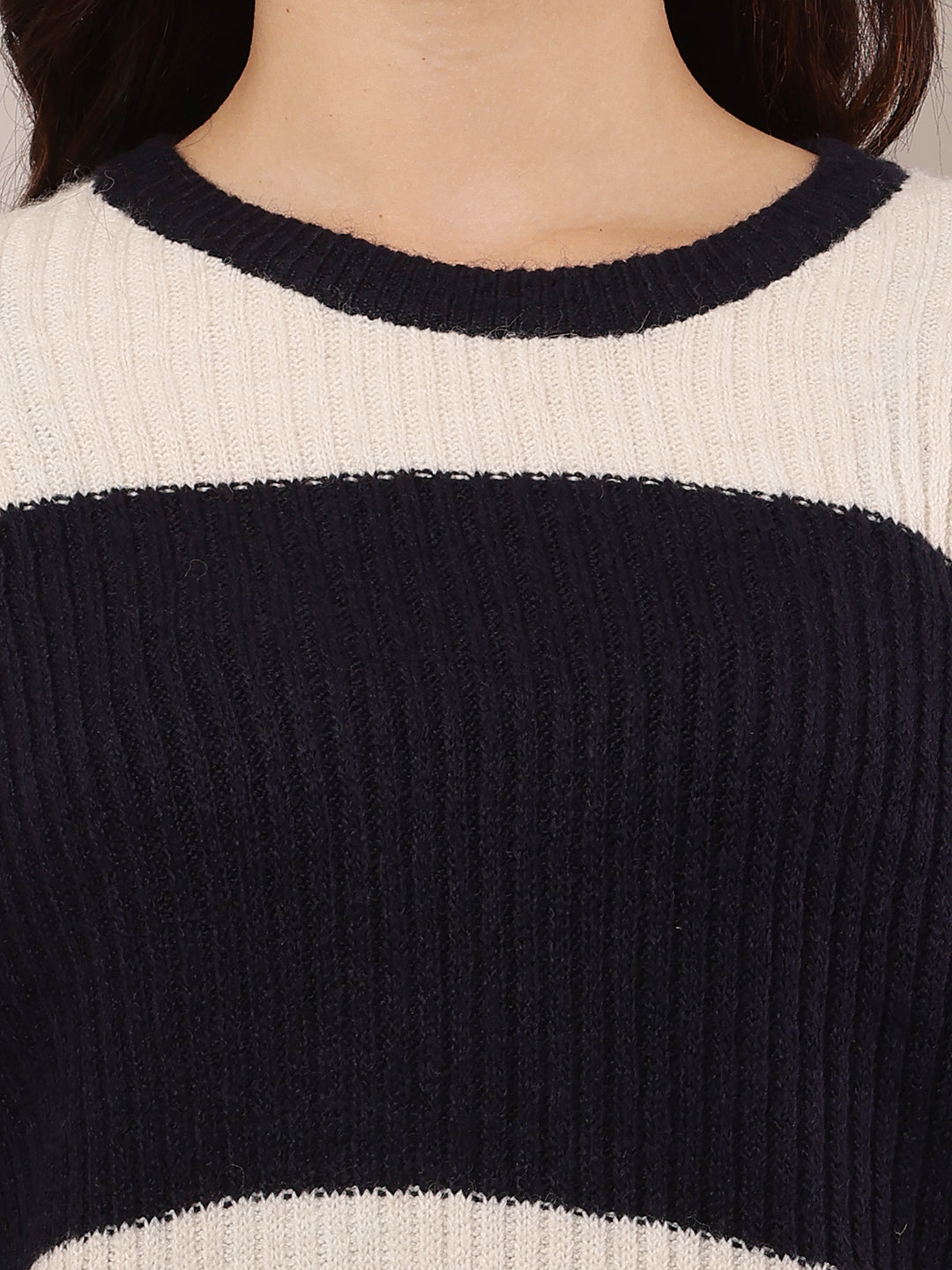 Women Dark Blue & Beige Round Neck Sweater