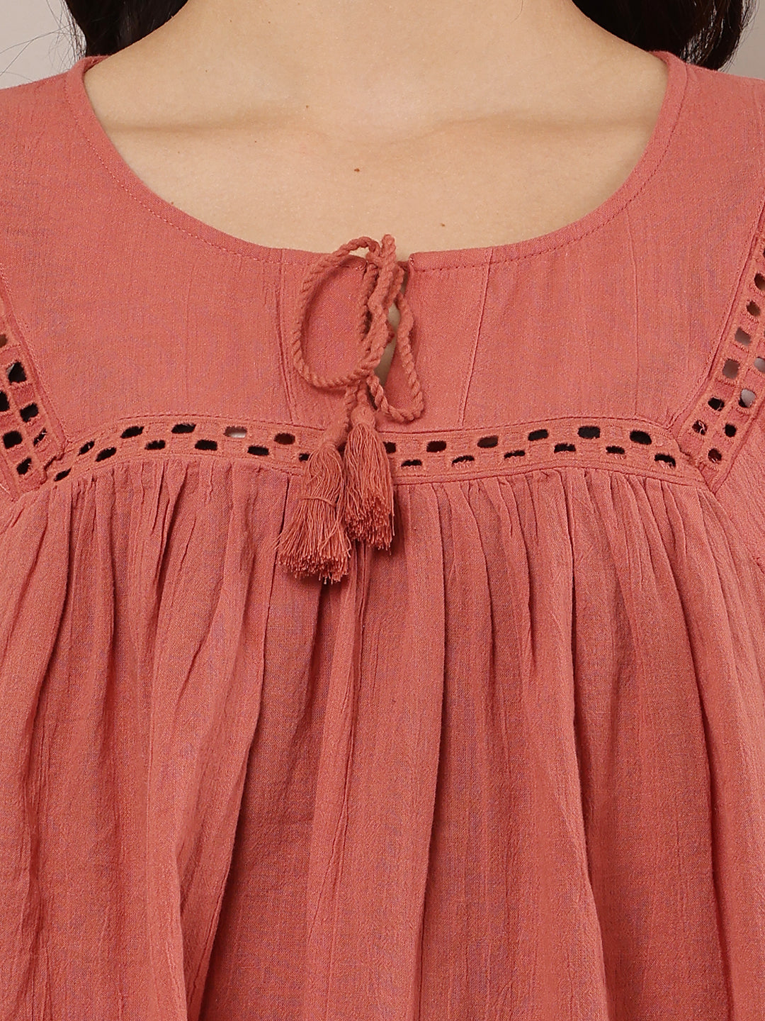 Women Peach Loose-Style Top with Round Neck