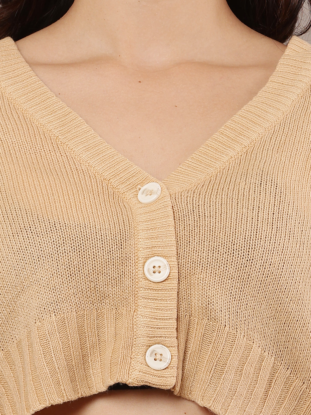 Women Beige V-Neck Cardigan