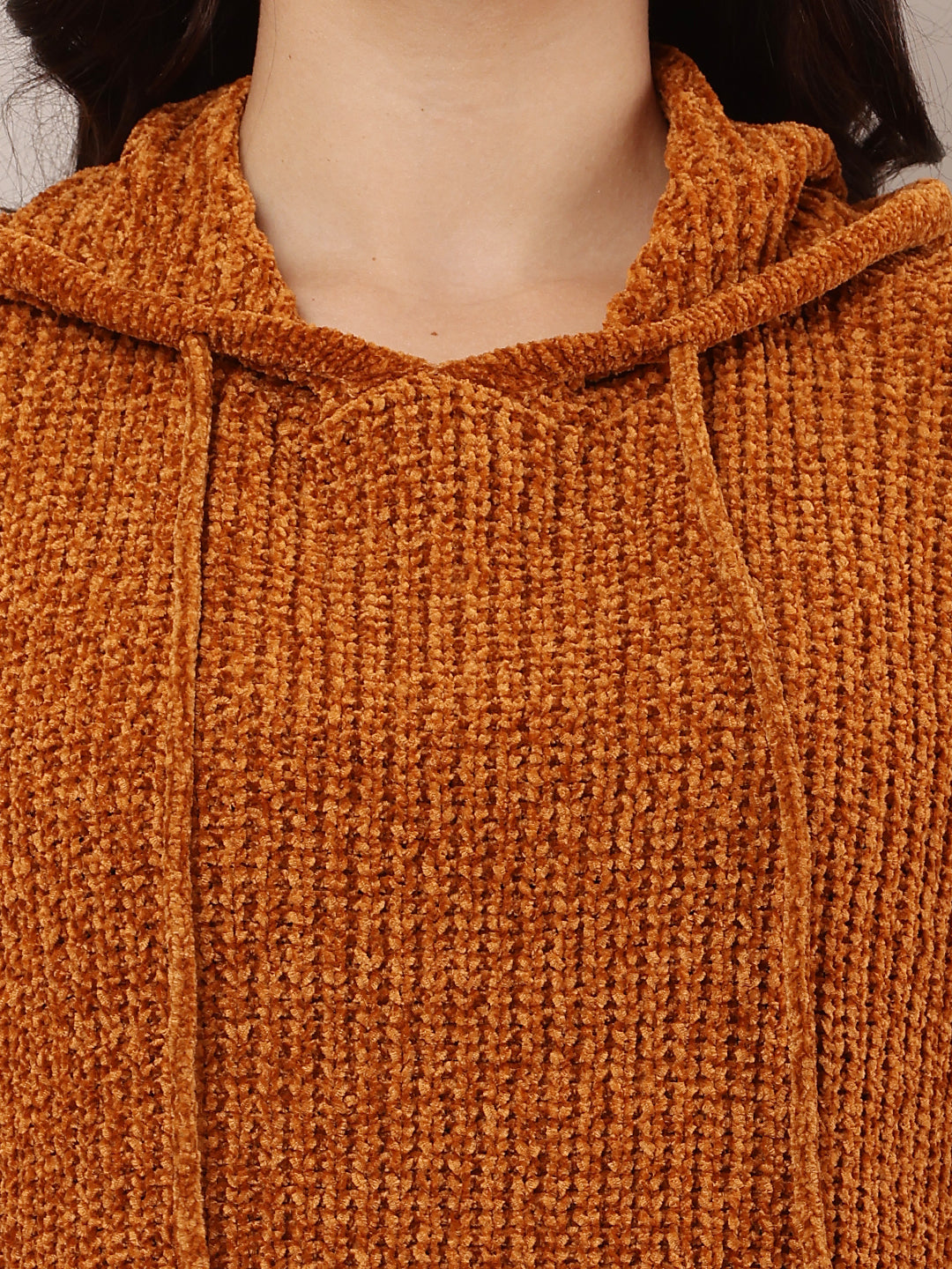 Women Brown Hooded Knitted Sweatshirt