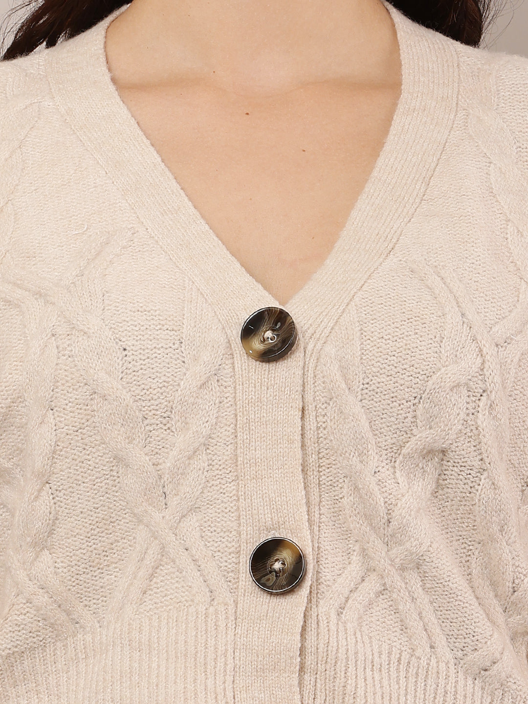 Women Beige V-Neck Cardigan