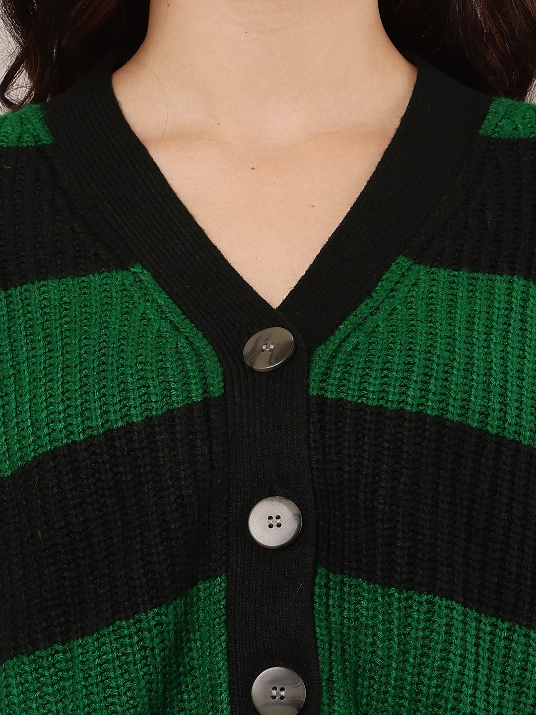 Women Green & Black Striped V-Neck Cardigan
