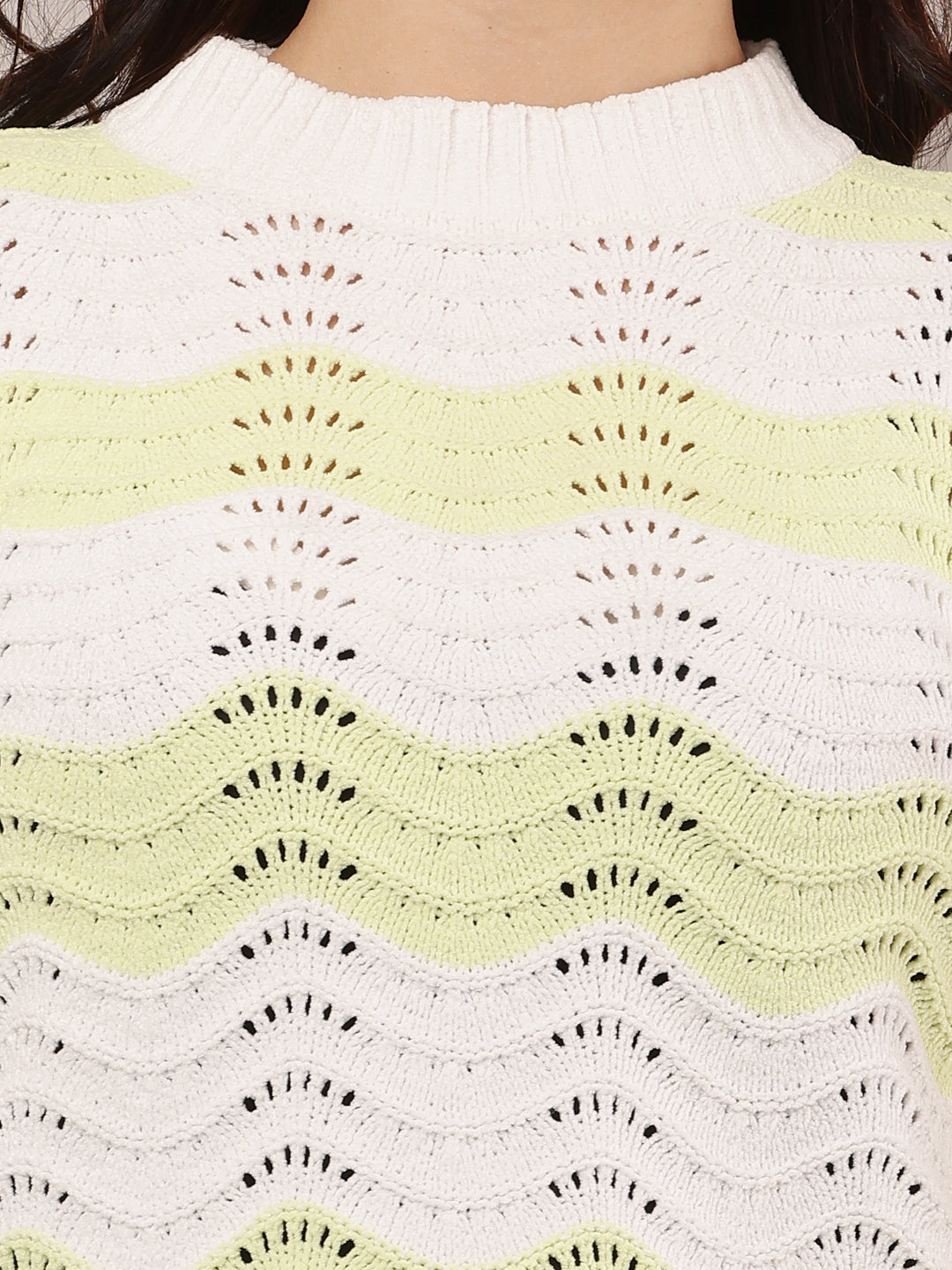 Women Green & White Crew Neck Sweater