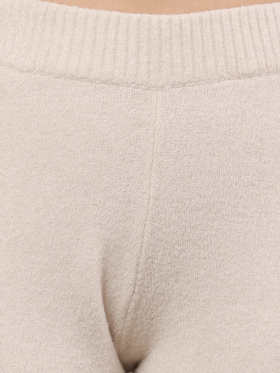 Women Off-White Elasticated Waist Polyester Trousers