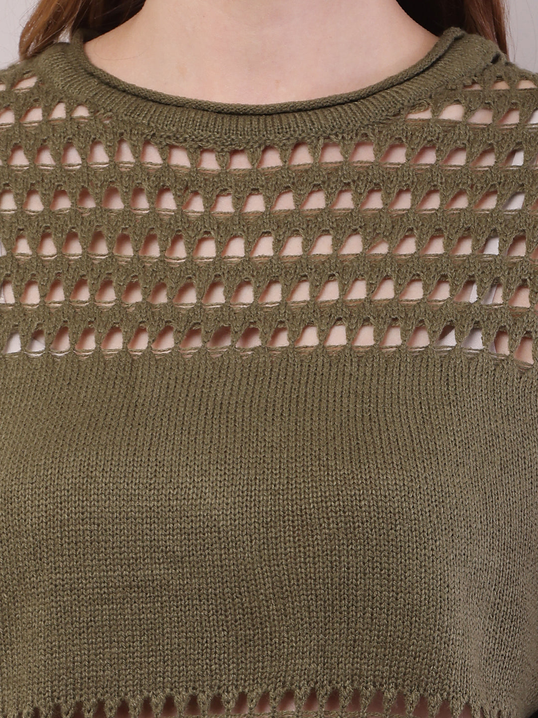 Women Olive Green Polyester Crochet Full Sleeve Sweater