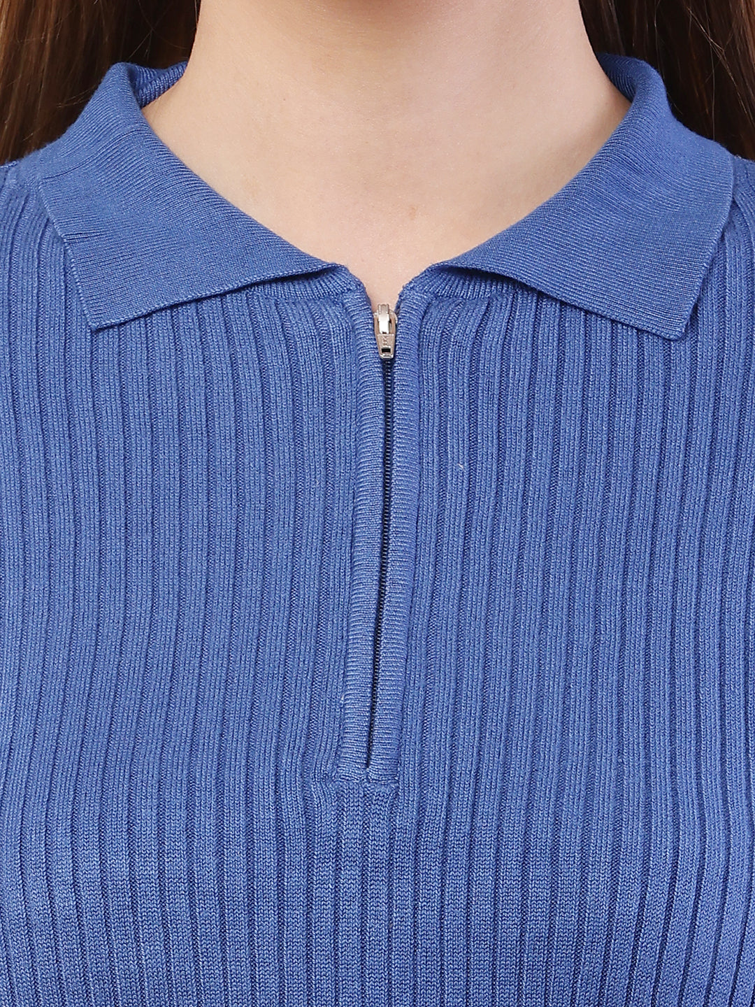 Women Ribbed Blue Sweater