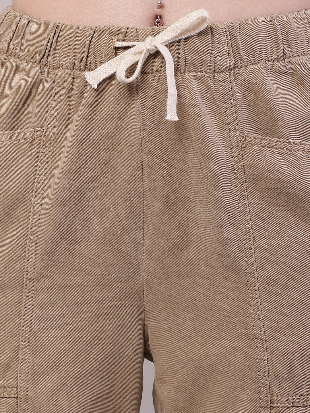 Women Brown Cotton Elastic Drawstring Trouser