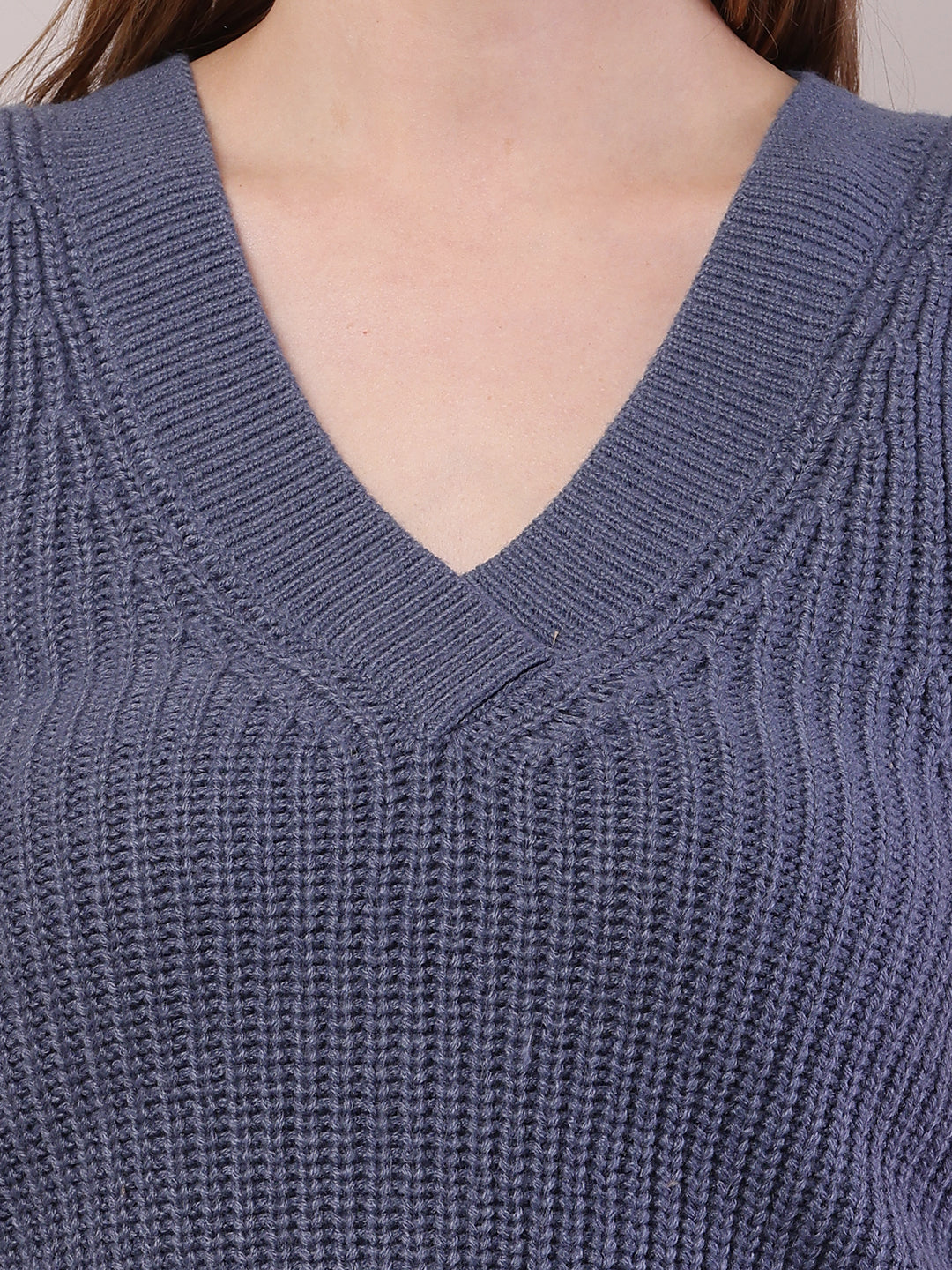 Women Blue Acrylic Sleeveless V-Neck Cable Knit Sweater