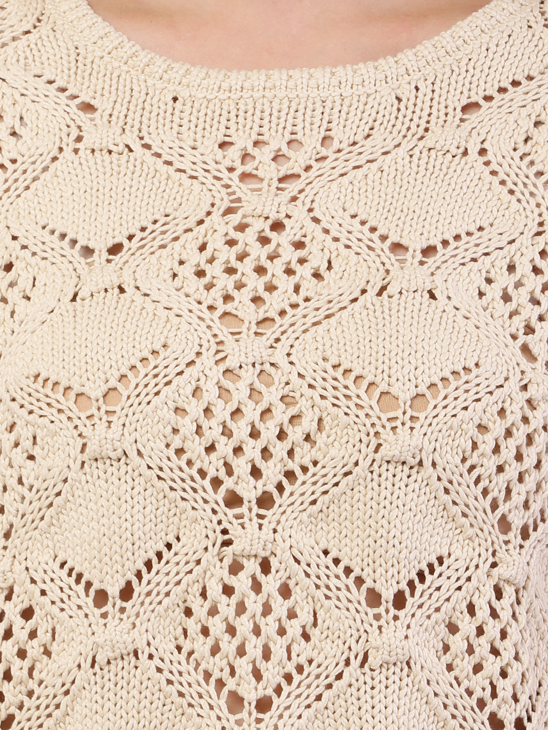 Women cream cotton full sleeve round neck sweater