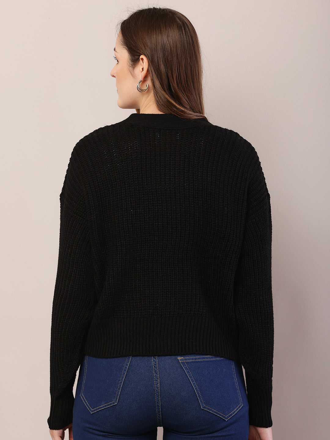 Women black acrylic full sleeve v-neck cardigan