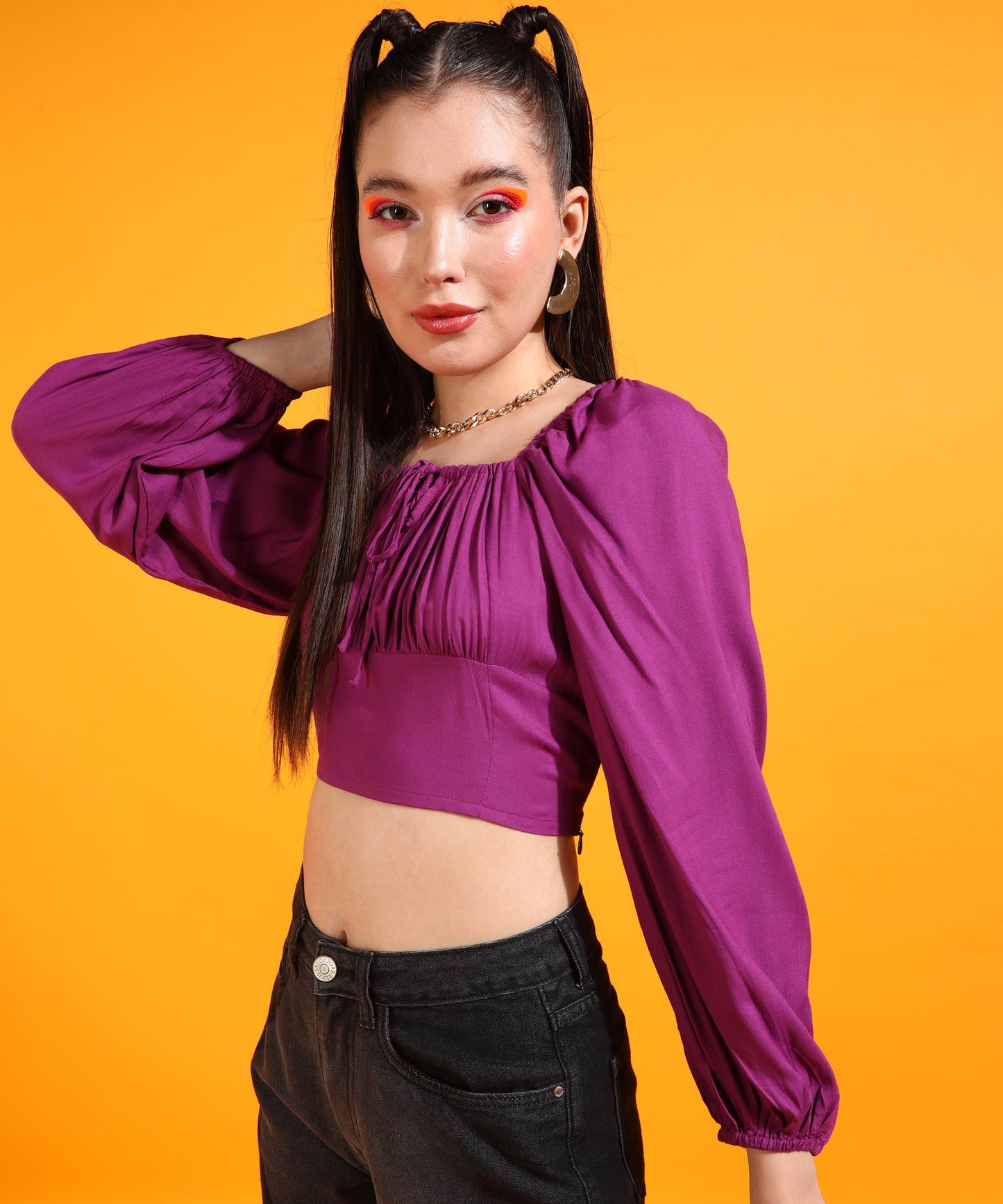 Women Purple Square Neck Solid Fitted Top
