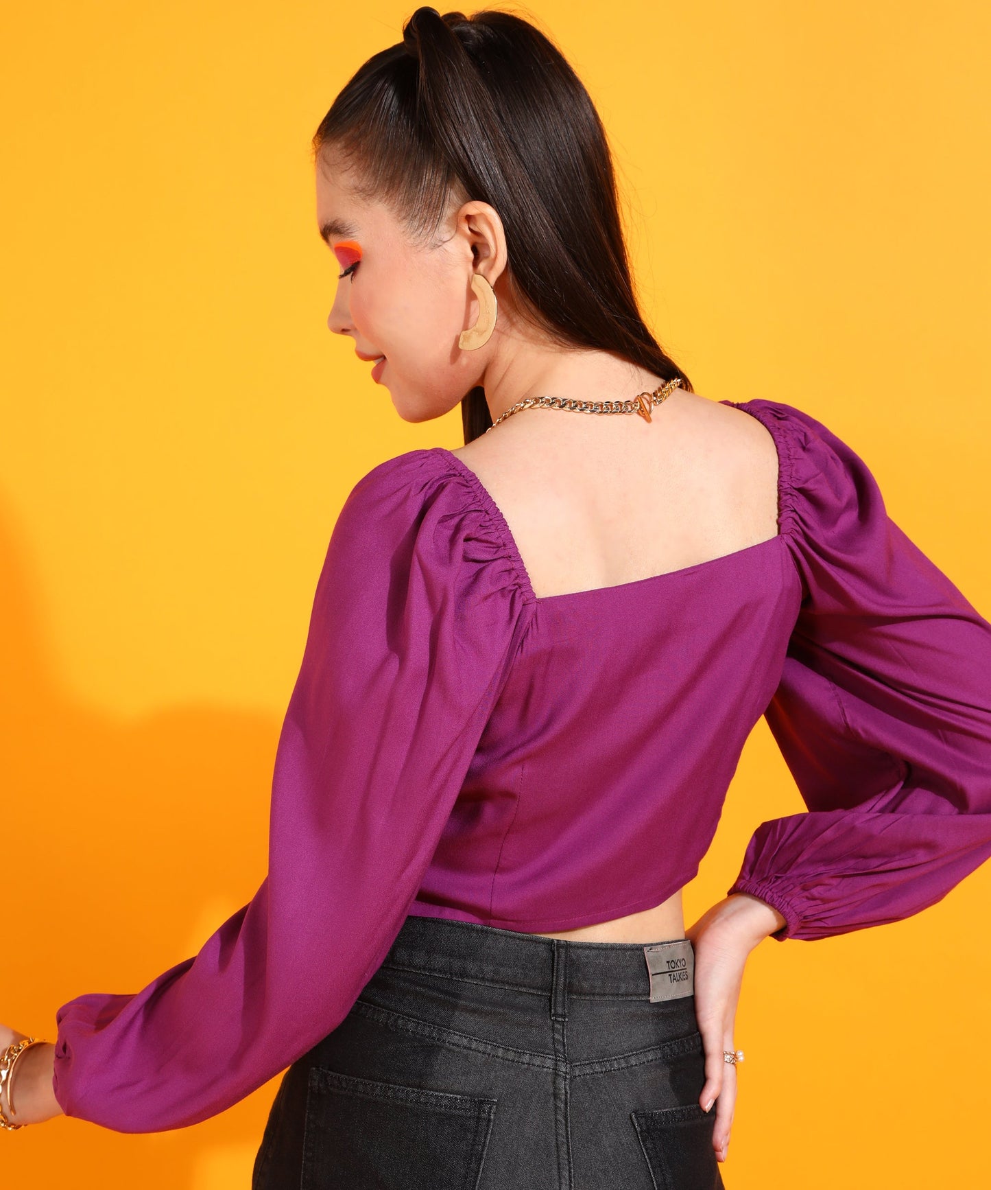 Women Purple Square Neck Solid Fitted Top