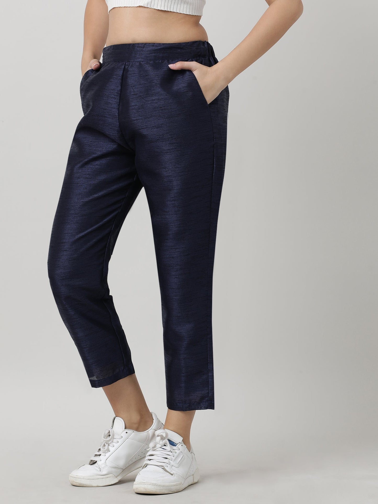 Women Relaxed Fit Navy Ankle Length Pants