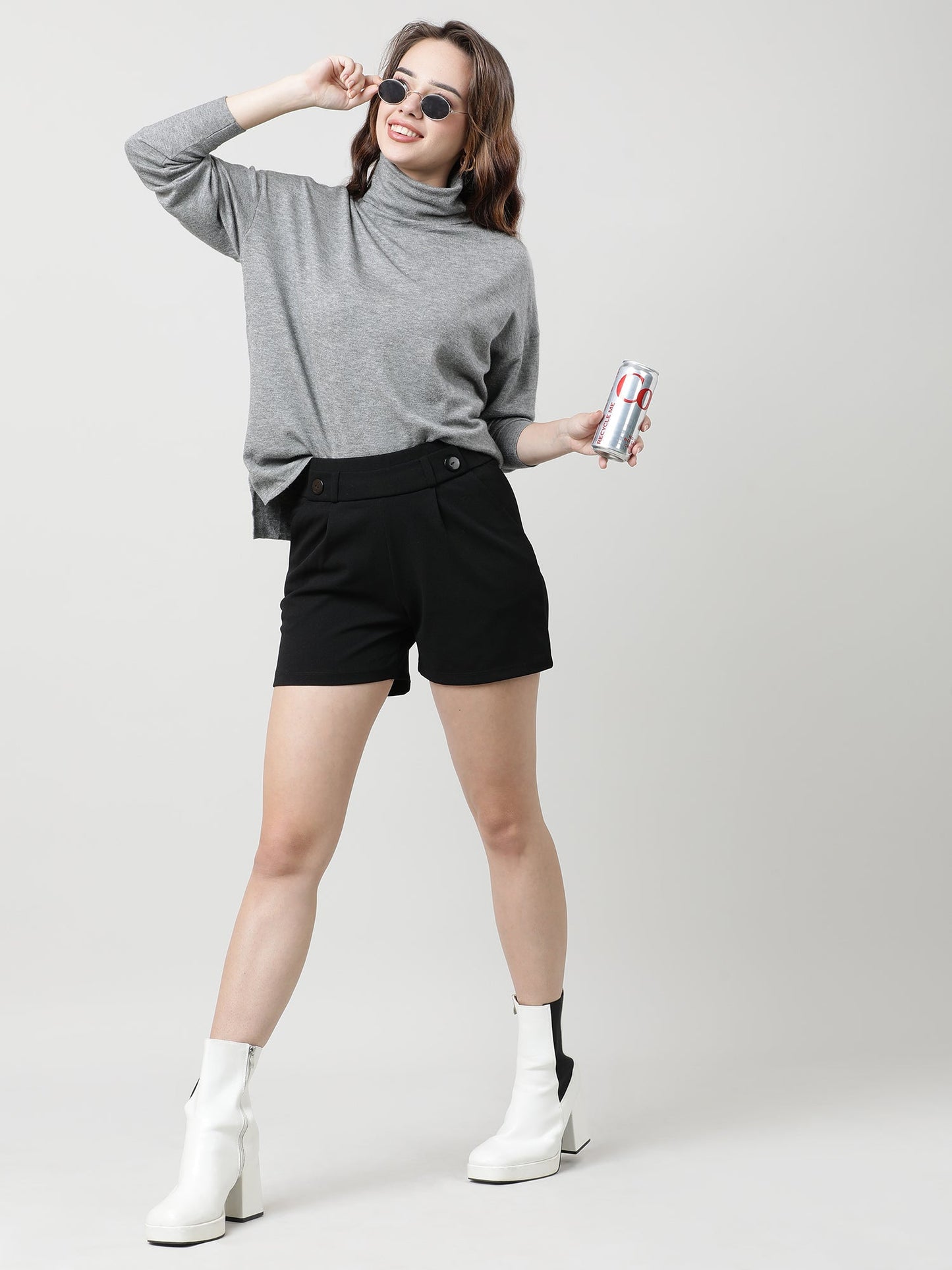 Women Regular Fit High Neck Drop Shoulder Grey Top