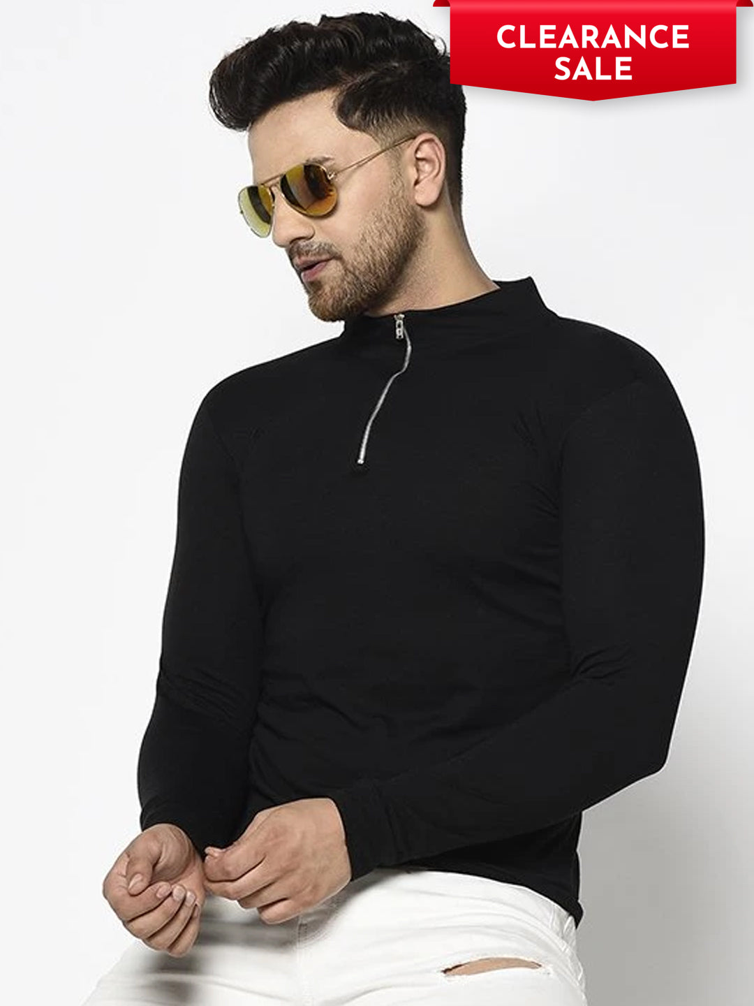 Men Black High Neck With Zip Cotton Fabric Full Sleeve T-Shirt