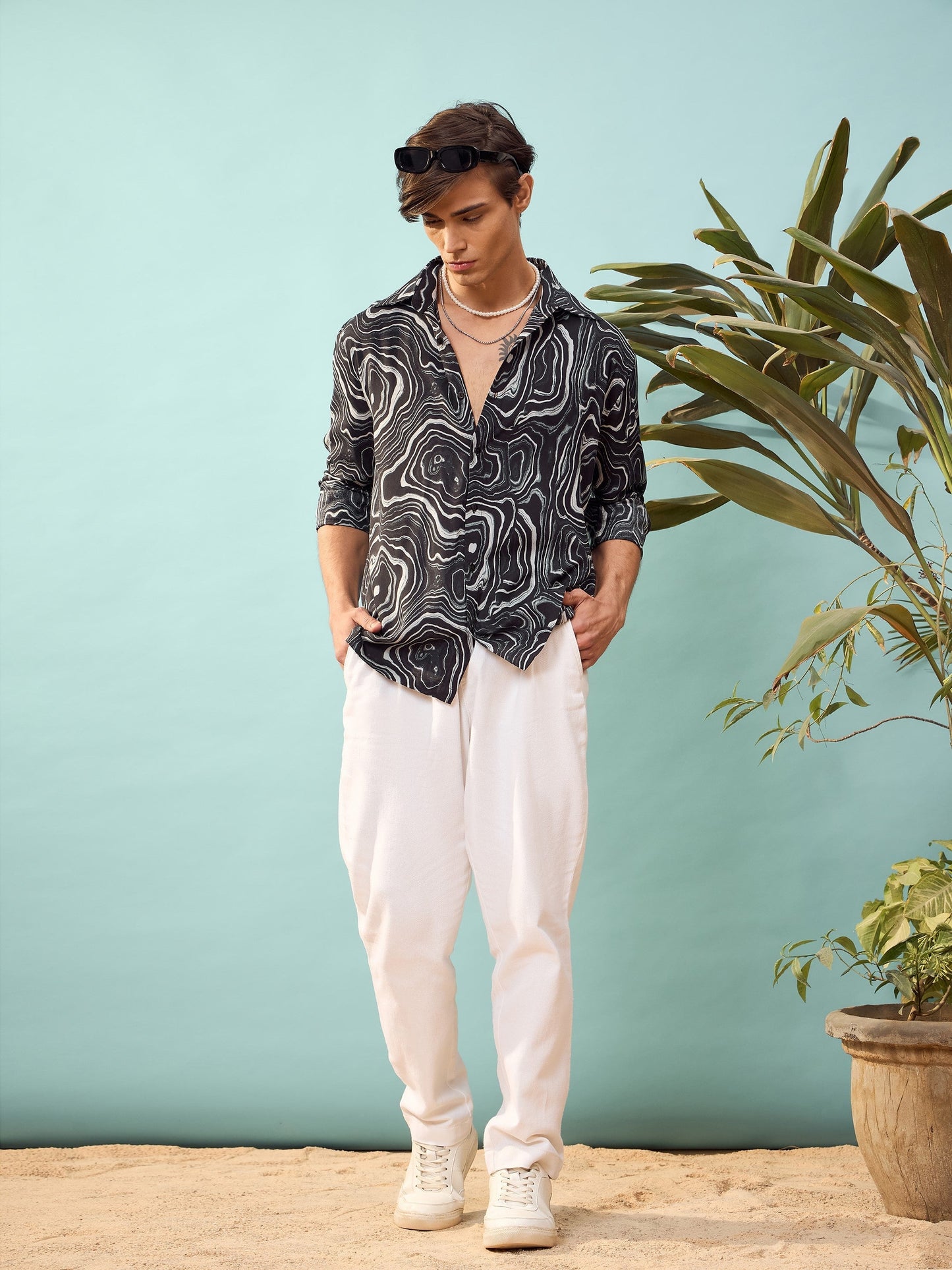 Black & White Marble Print Relax Fit Shirt-MASCLN SASSAFRAS
