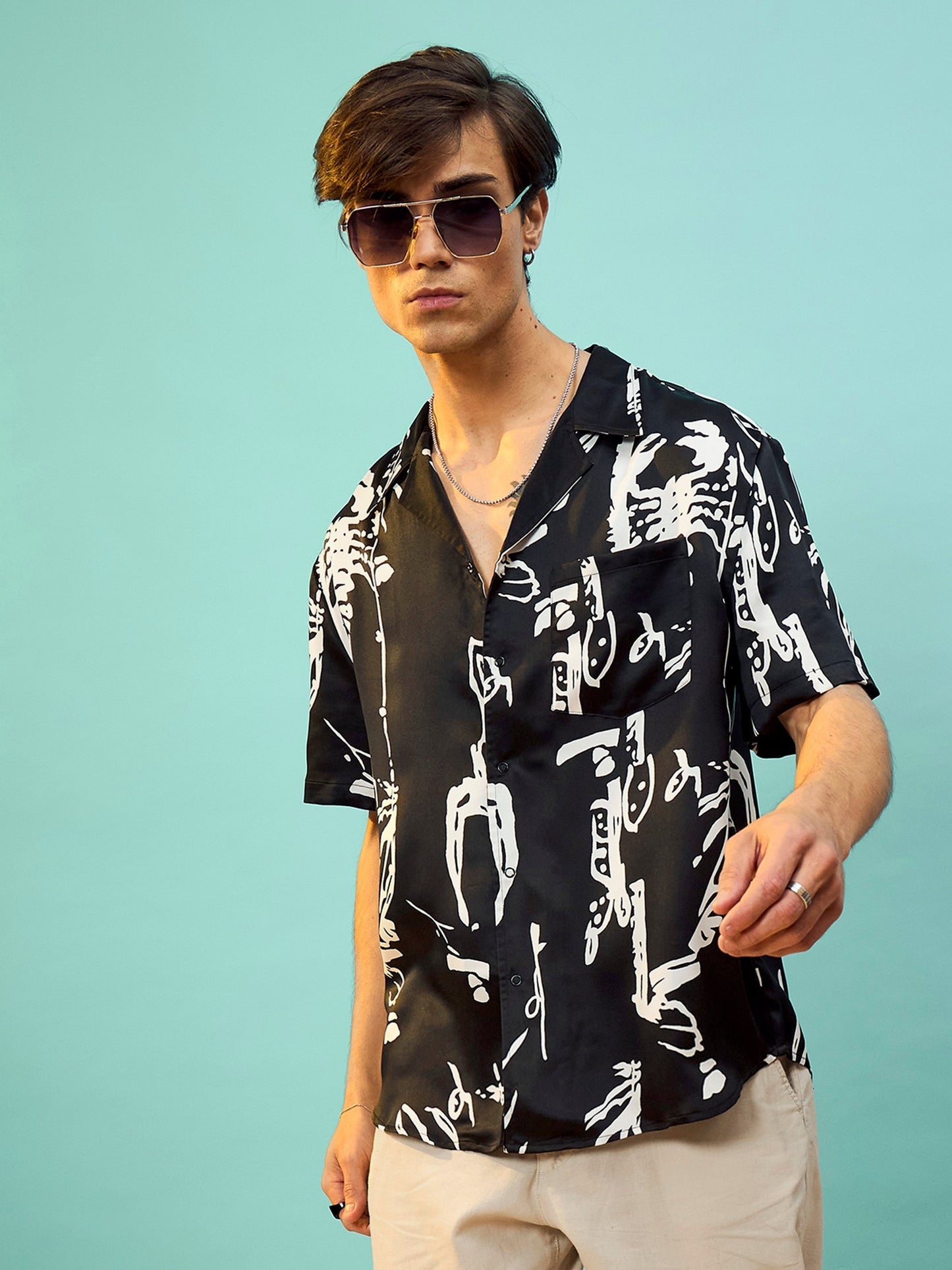 Black Satin Print Relax Fit Shirt-MASCLN SASSAFRAS