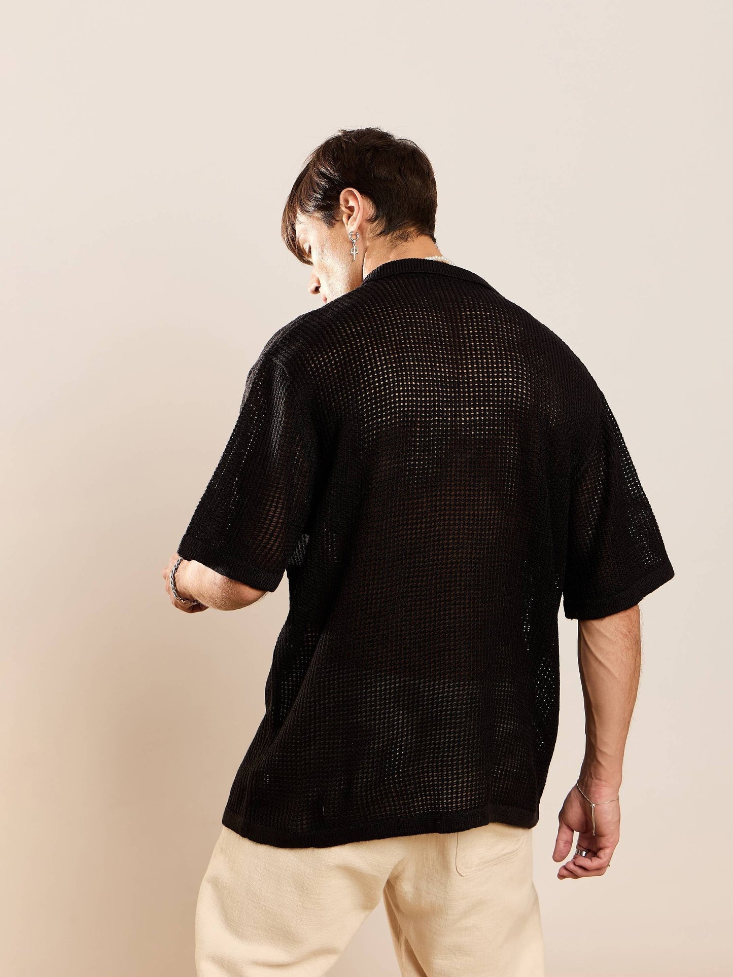 Black Crochet Knit Oversize Shirt-MASCLN SASSAFRAS