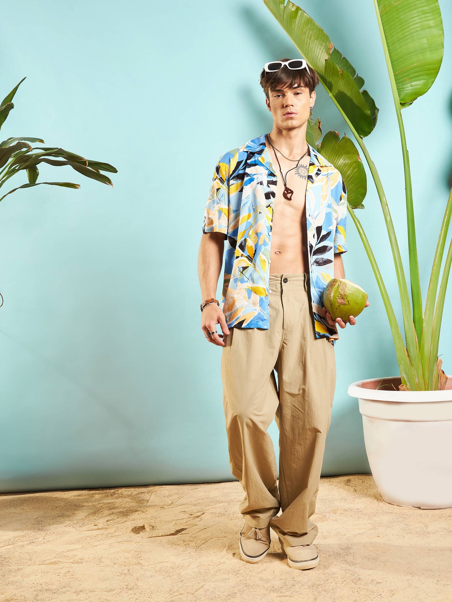 Blue Tropical Print Box Pleat Relax Fit Shirt-MASCLN SASSAFRAS