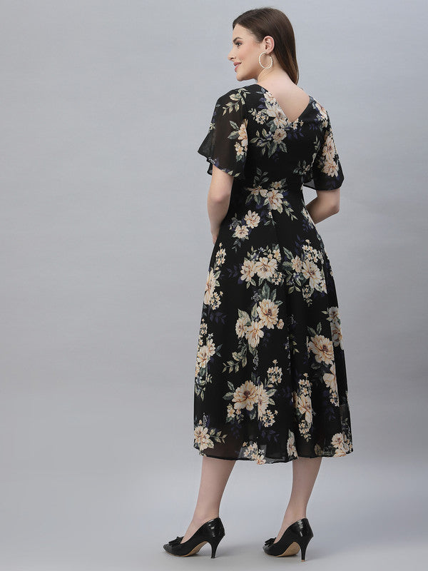 Black Floral Printed Odour Free Midi Dress For Women