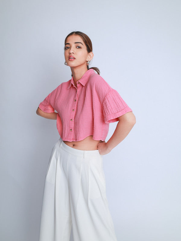 Vintage Washed Oversized Crop Cotton Shirt