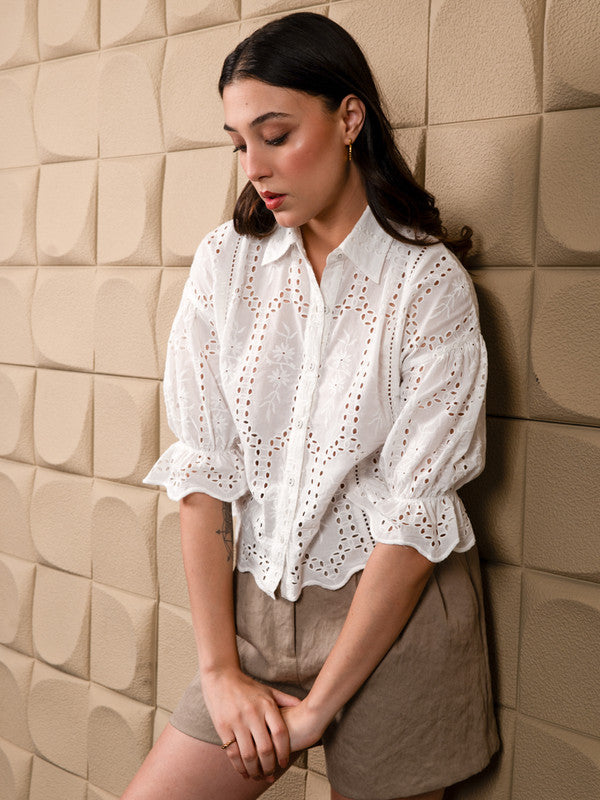 white schiffli embrioded shirt