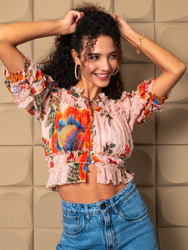 Chiffon Ruffled Printed Blouse