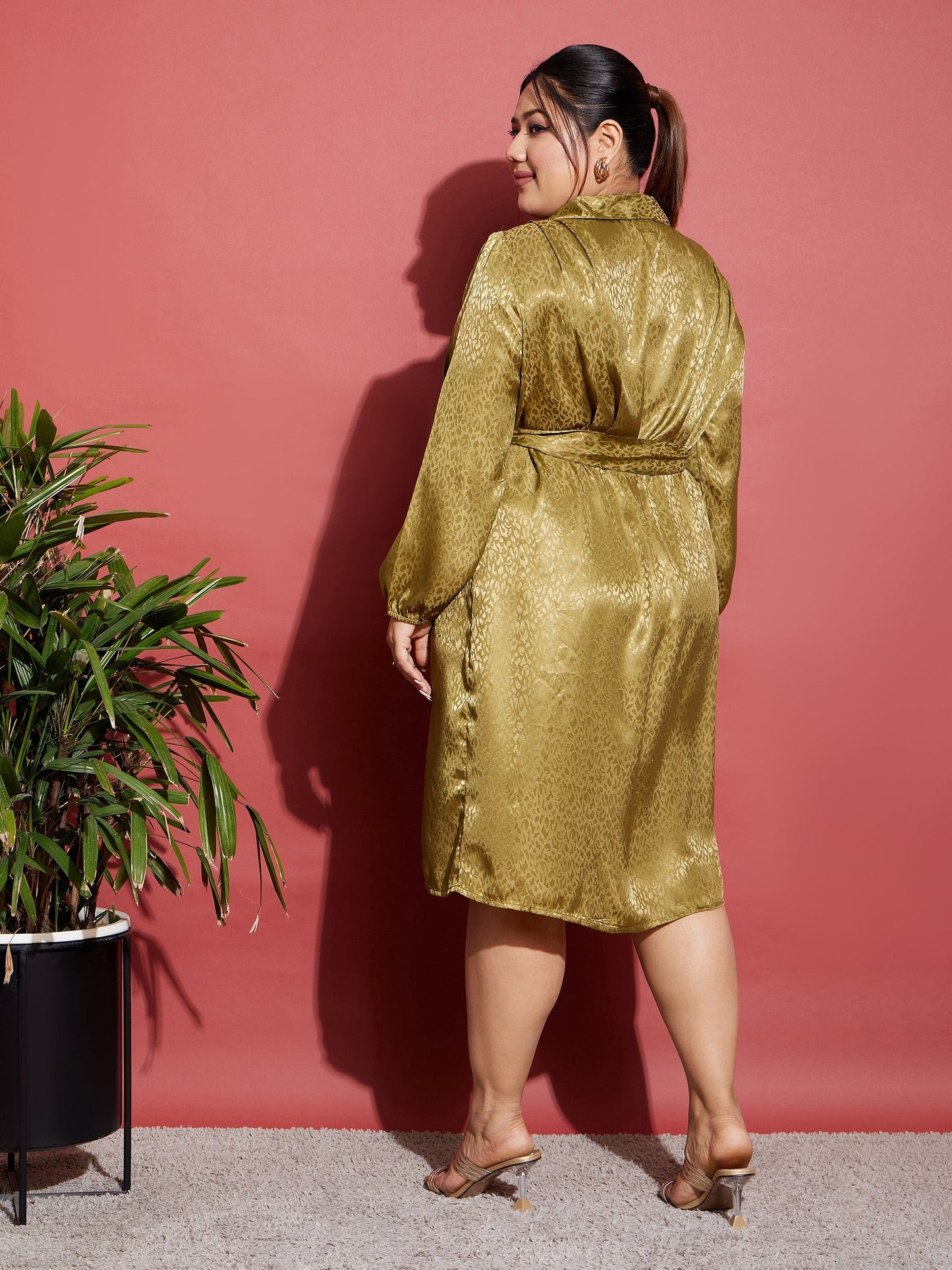 Olive Satin Jacquard Belted Shirt Dress-SASSAFRAS Curve