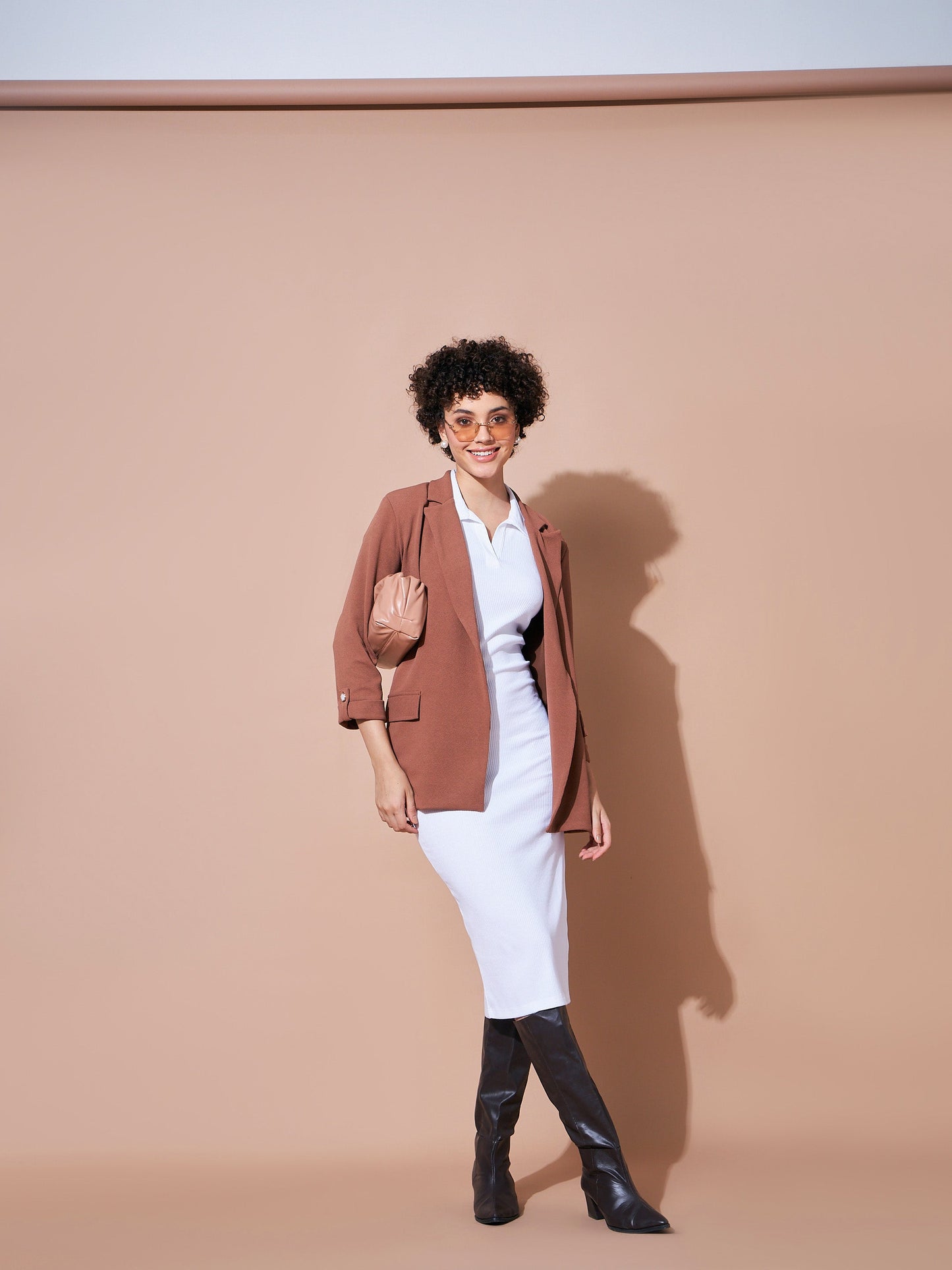 Women White Rib Polo Collar Tip Bodycon Dress