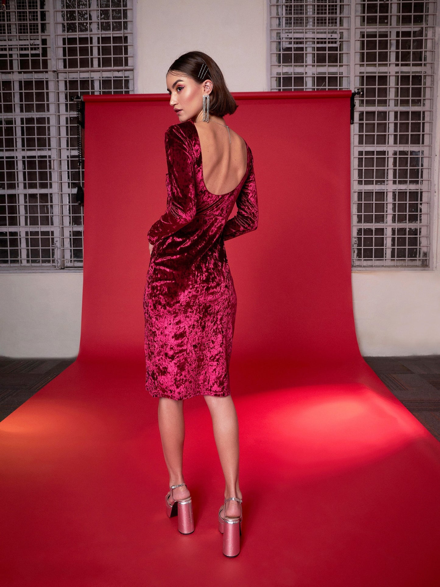 Women Red Velvet Side Slit Midi Dress