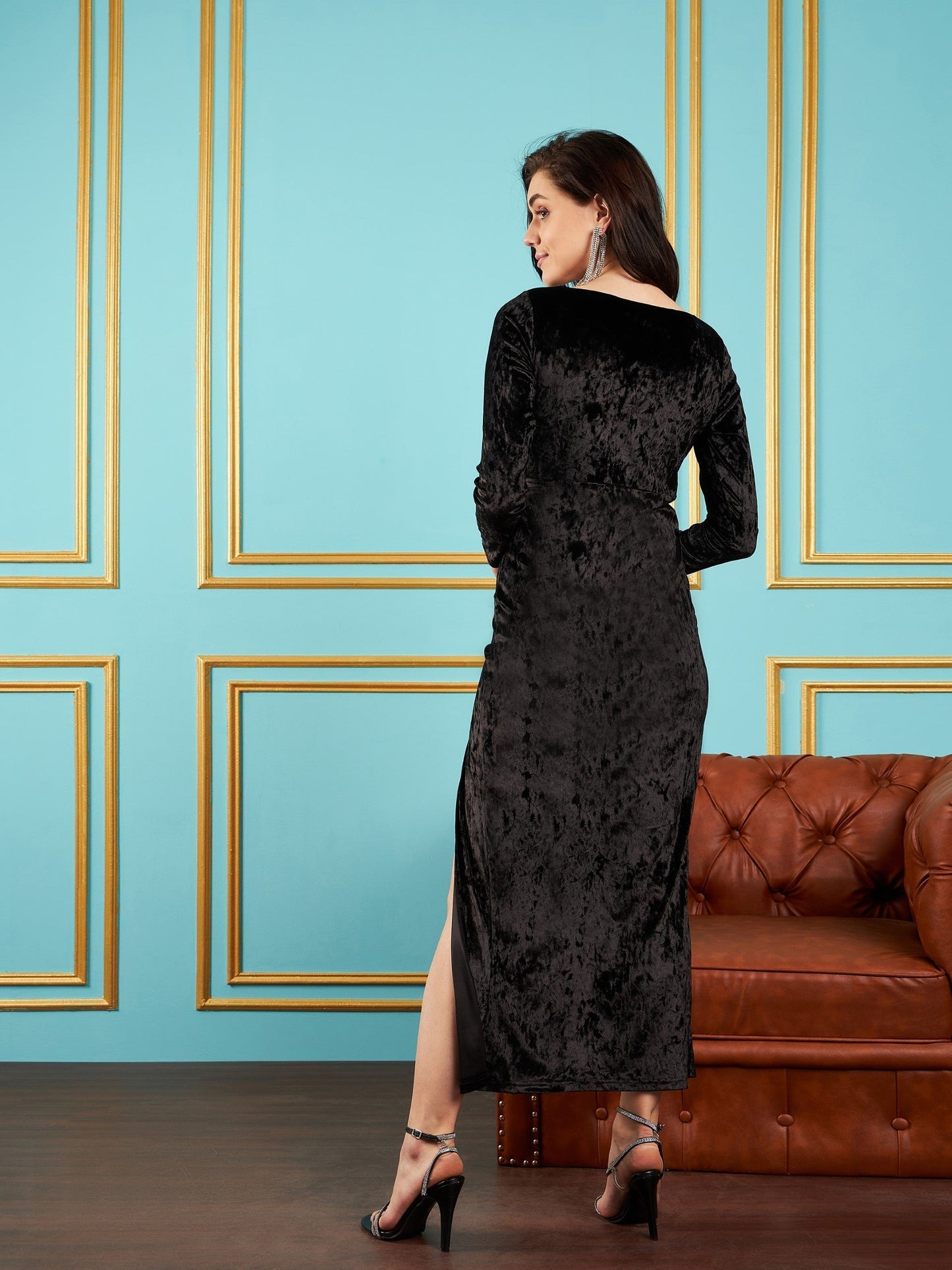 Black Velvet Front Slit Maxi Dress-SASSAFRAS