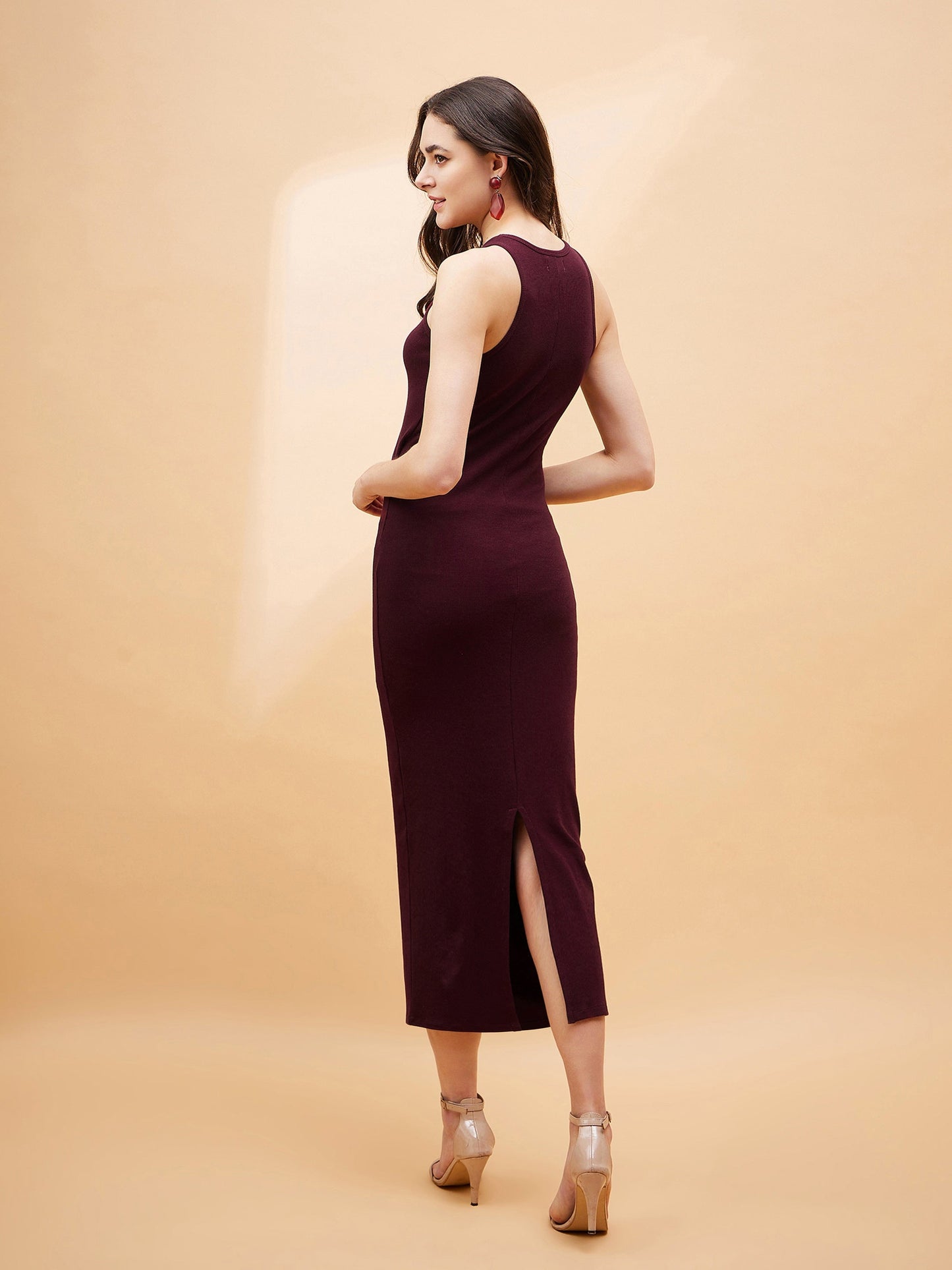 Burgundy Front Cut Out Rib Midi Dress-SASSAFRAS BASICS