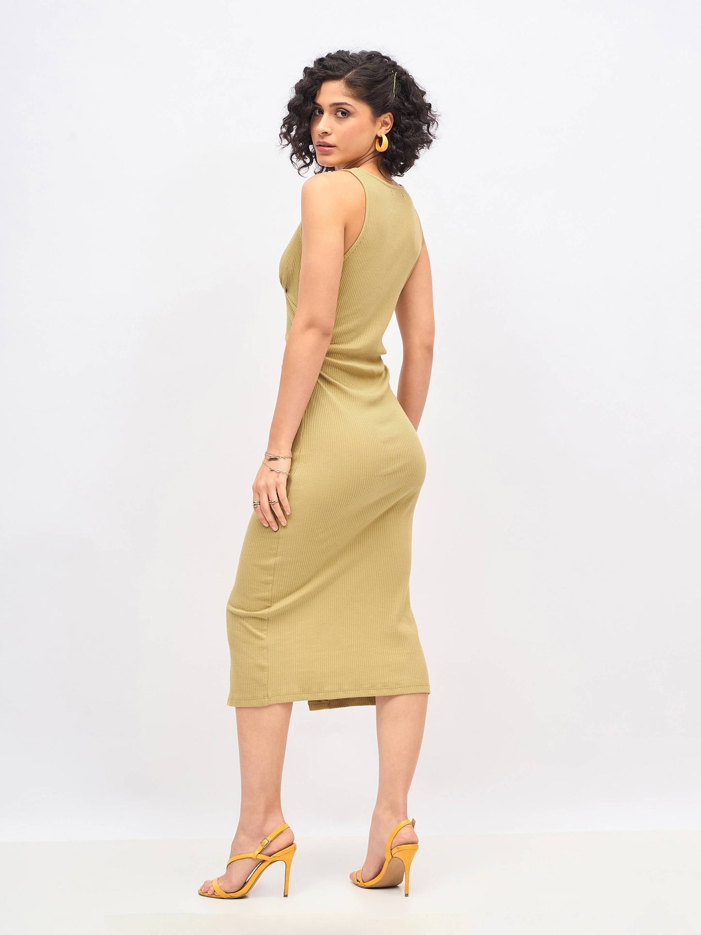 Khaki Rib Front Button Bodycon Midi Dress -SASSAFRAS
