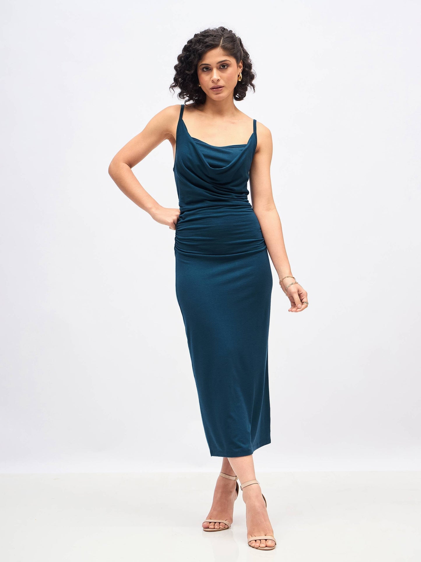 Teal Cowl Neck Bodycon Maxi Dress-SASSAFRAS